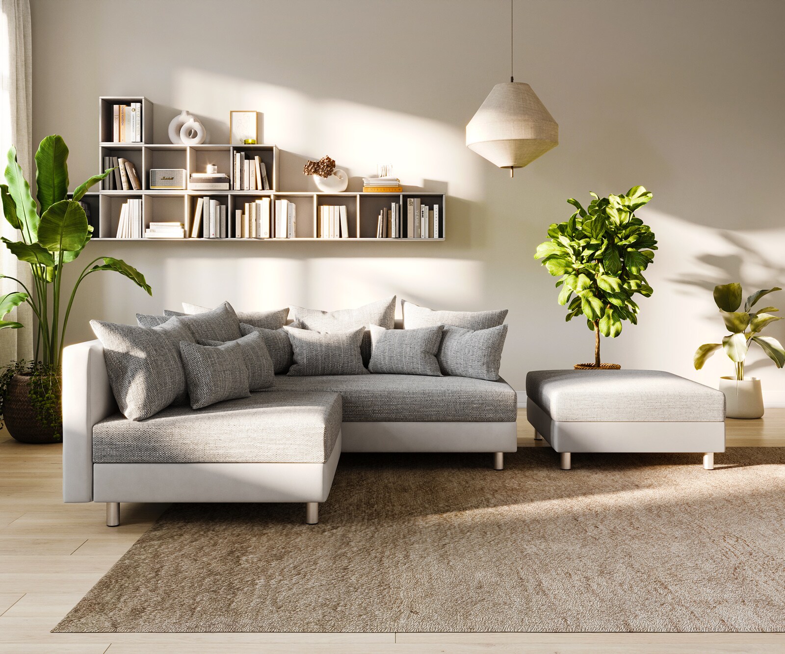 Ecksofa Clovis Weiss Hellgrau Hocker Ottomane Rechts modular 3