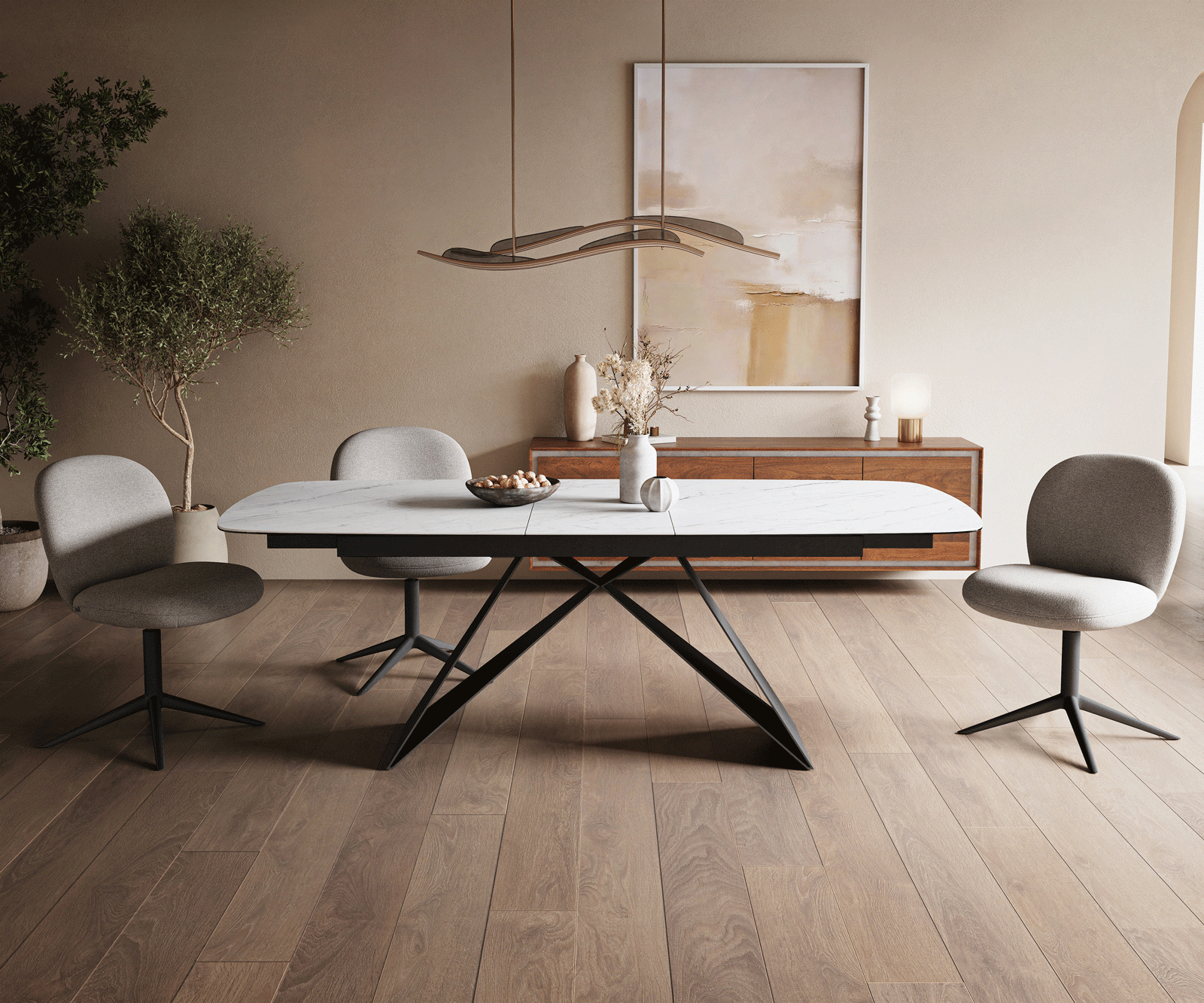 Esstisch Edge Boot 180-220x100 cm Keramik Laminam® Statuarietto Weiß V-Gestell Flachstahl Schwarz ausziehbar 2