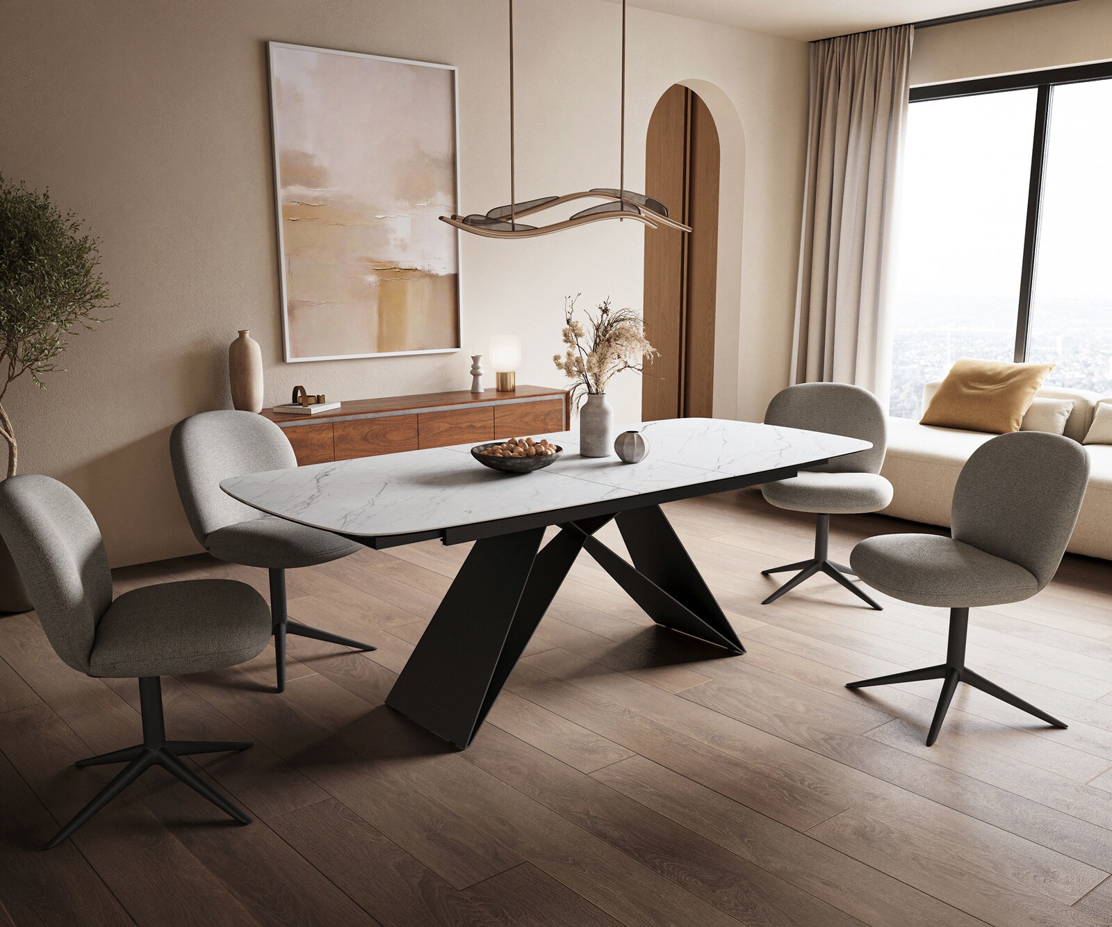 Esstisch Edge Boot 180-220x100 cm Keramik Laminam® Statuarietto Weiß V-Gestell Flachstahl Schwarz ausziehbar 6