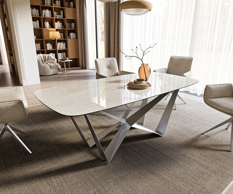 Esstisch Edge Boot 200x100 cm Keramik Onyx Champagne Spider Flachstahl Edelstahl Graphit
