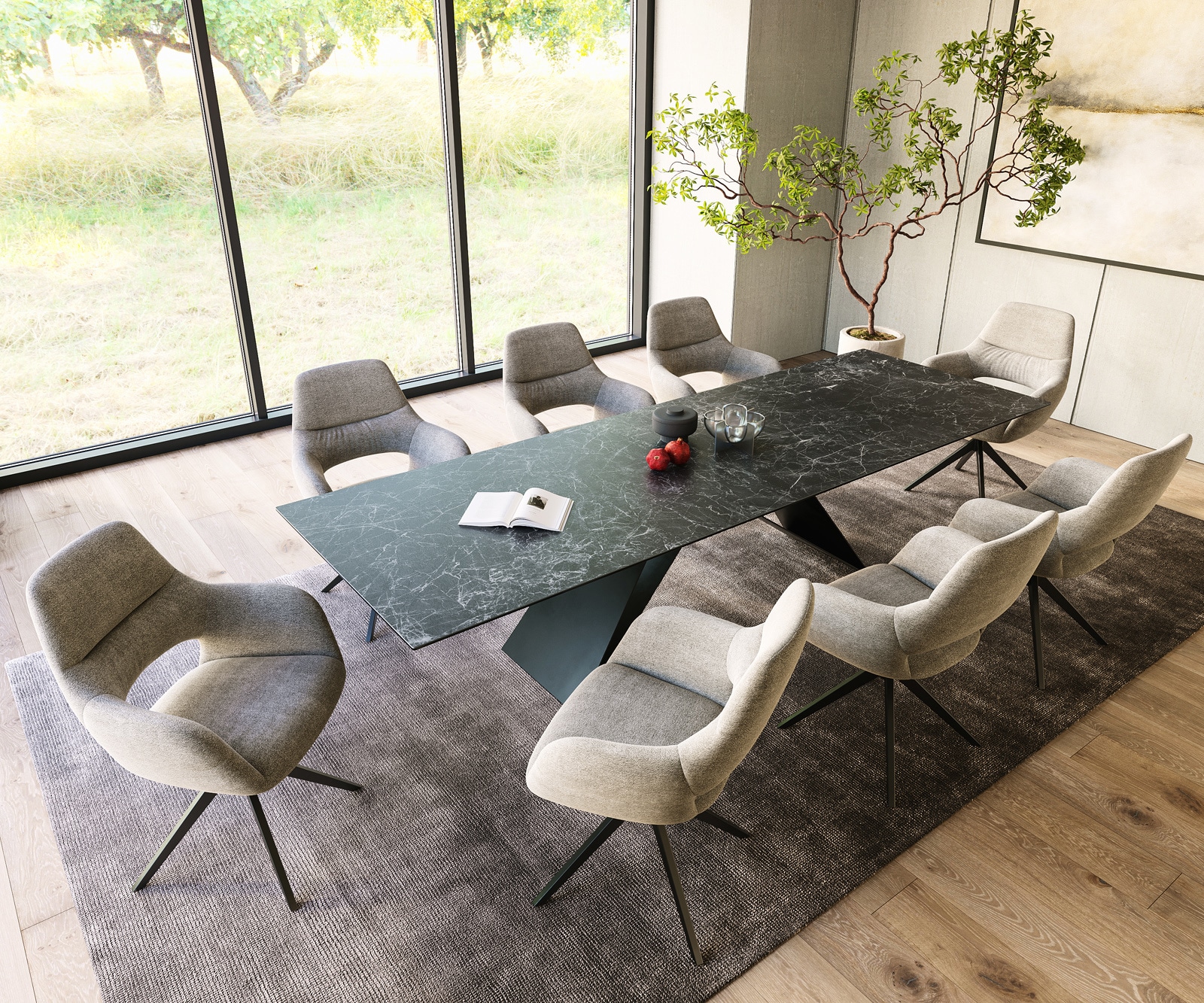 Esstisch Edge 300x100cm Keramik Laminam®Nero Greco Anthrazit V-Mittelfuß Schwarz 6