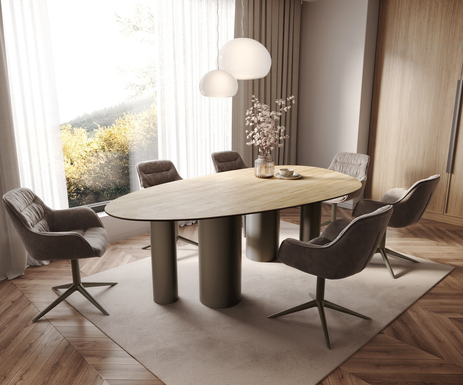 Esstisch Edge Oval 220x120 Keramik Laminam® Sabbia Eichefarbig Pilier Metall Effektfinish Titan 7