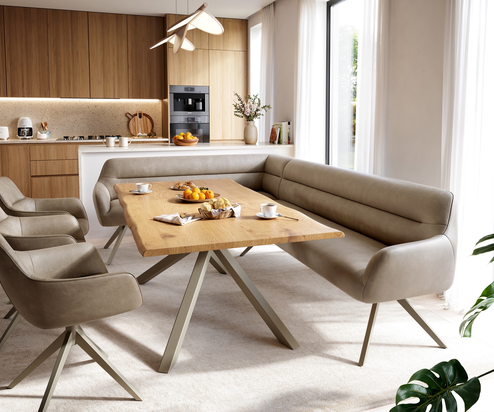Esszimmerbank Taya-Flex 285x190 cm Mikrofaser Beige Vintage Kreuzgestell kantig Effektfinish Titan Taschenfederkern Links