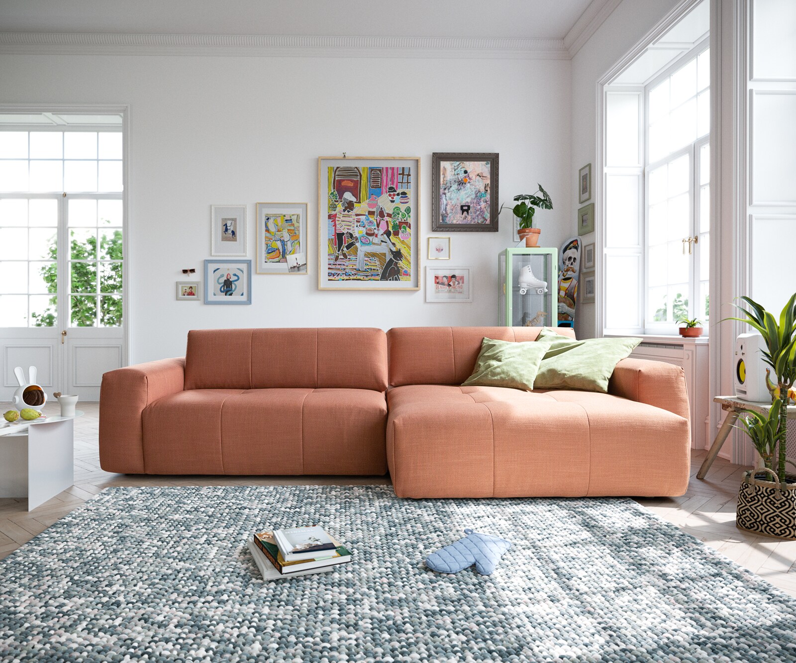 Ecksofa Lazaro 300x160 cm Flachgewebe Orange Ottomane rechts mit Sitztiefenverstellung 1