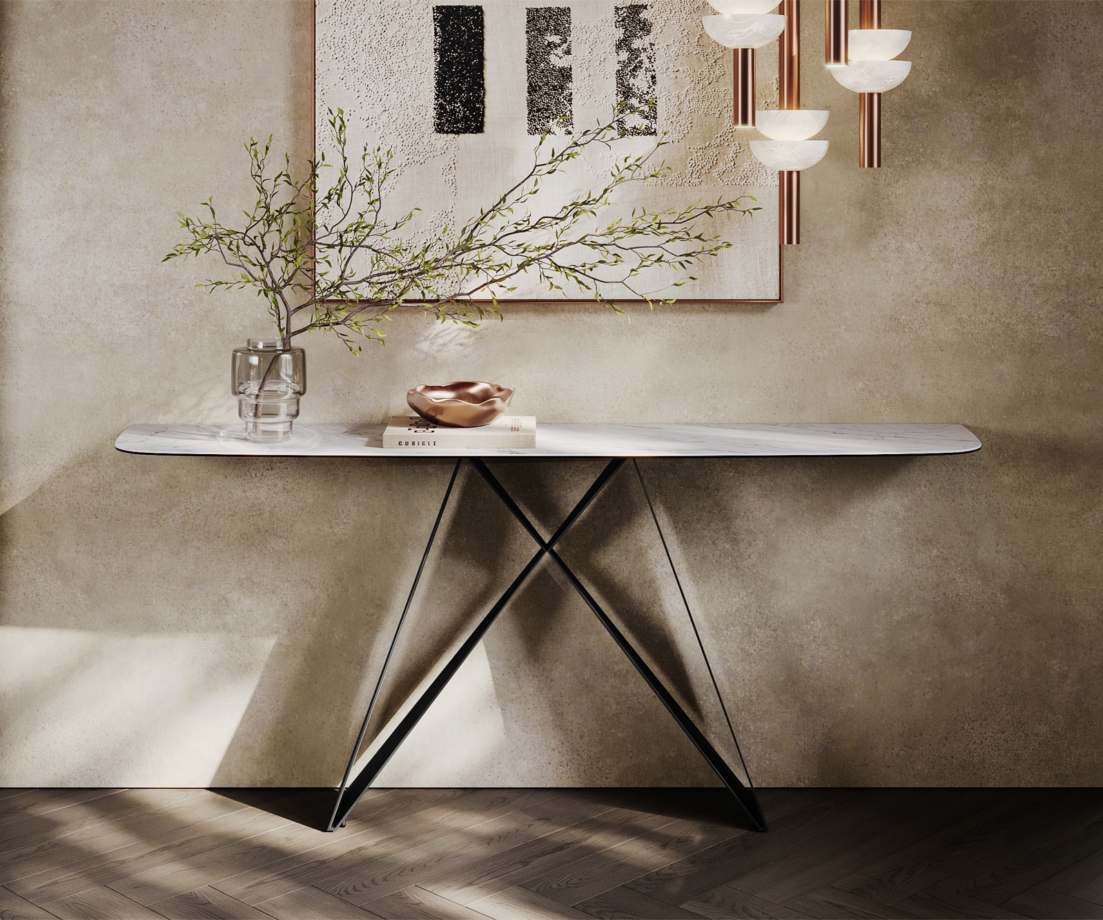 Konsolentisch Edge Boot 180x40 cm Keramik Laminam® Statuarietto Weiß Velio Metall Schwarz