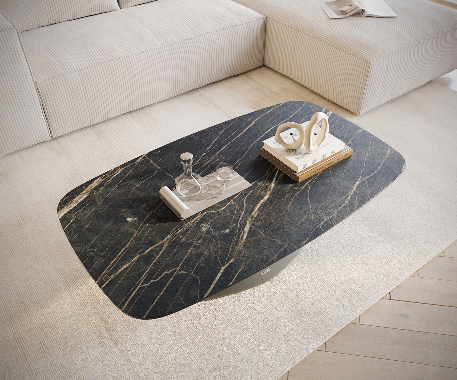 Couchtisch Edge Boot 120x70 cm Keramik Laminam® Noir Desir Braun Vibany Metall Effektfinish Titan 3