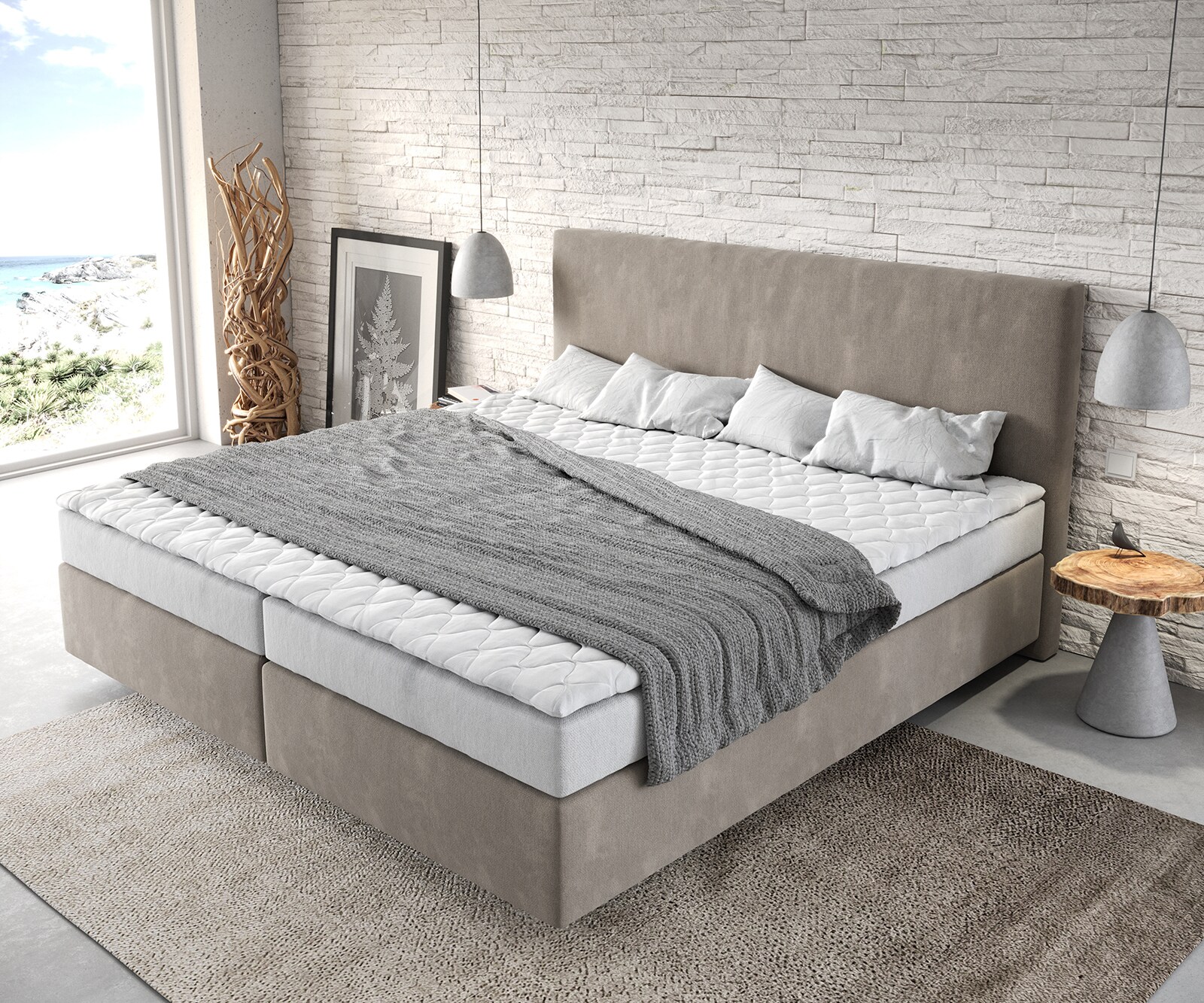 Boxspringbett Dream-Well Mikrofaser Beige 200x200 cm Bonell-Matratze PU-Topper 3
