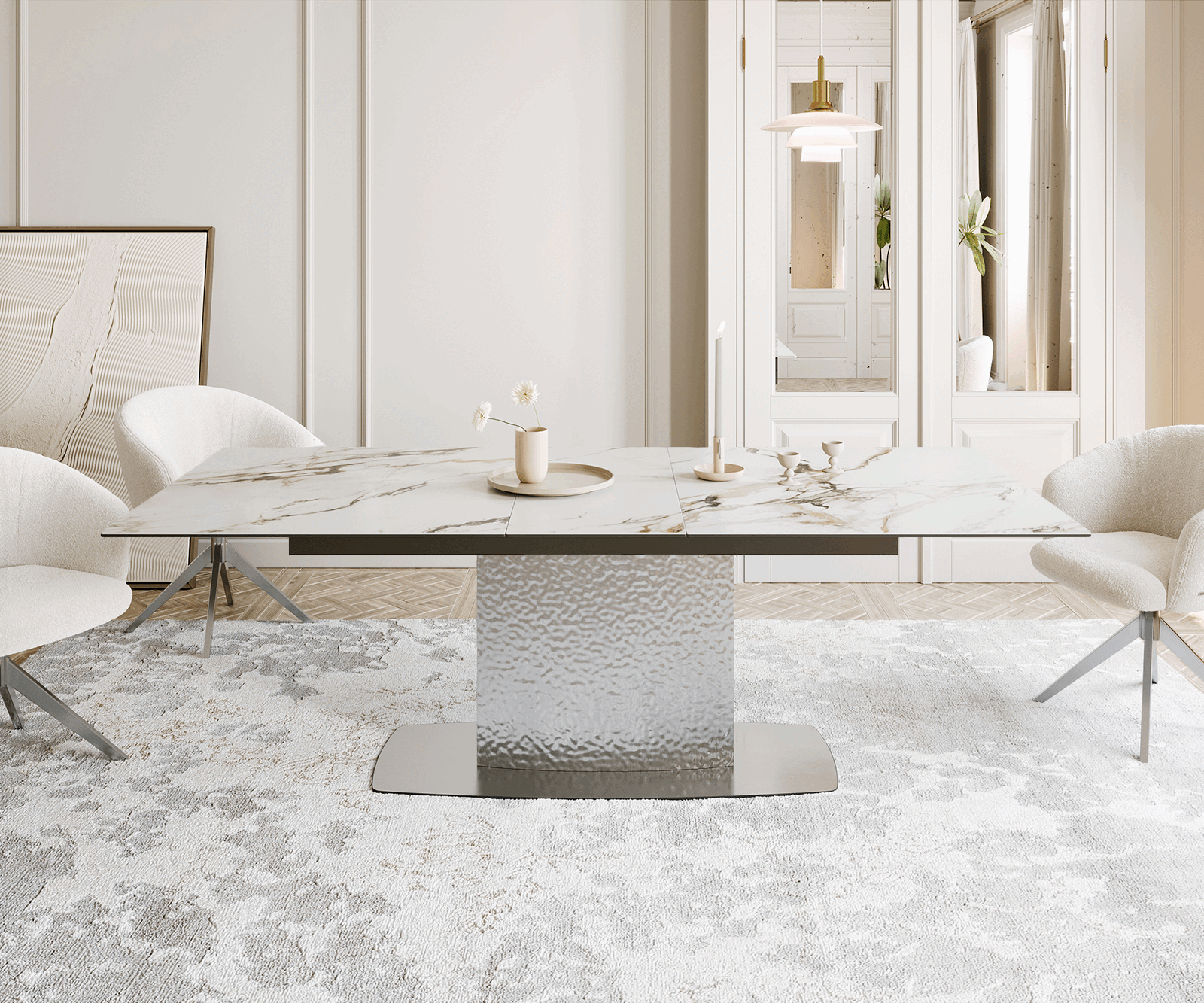 Esstisch Edge 180-220x100 Keramik Calacatta Luxe Weiß-Gold-Grau Wave Edelstahl ausziehbar 1