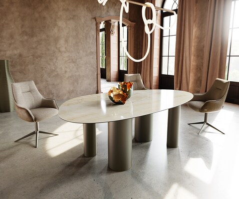 Esstisch Edge Oval 220x120 Keramik Iris FMG Onice Oro Pilier Metall Effektfinish Titan