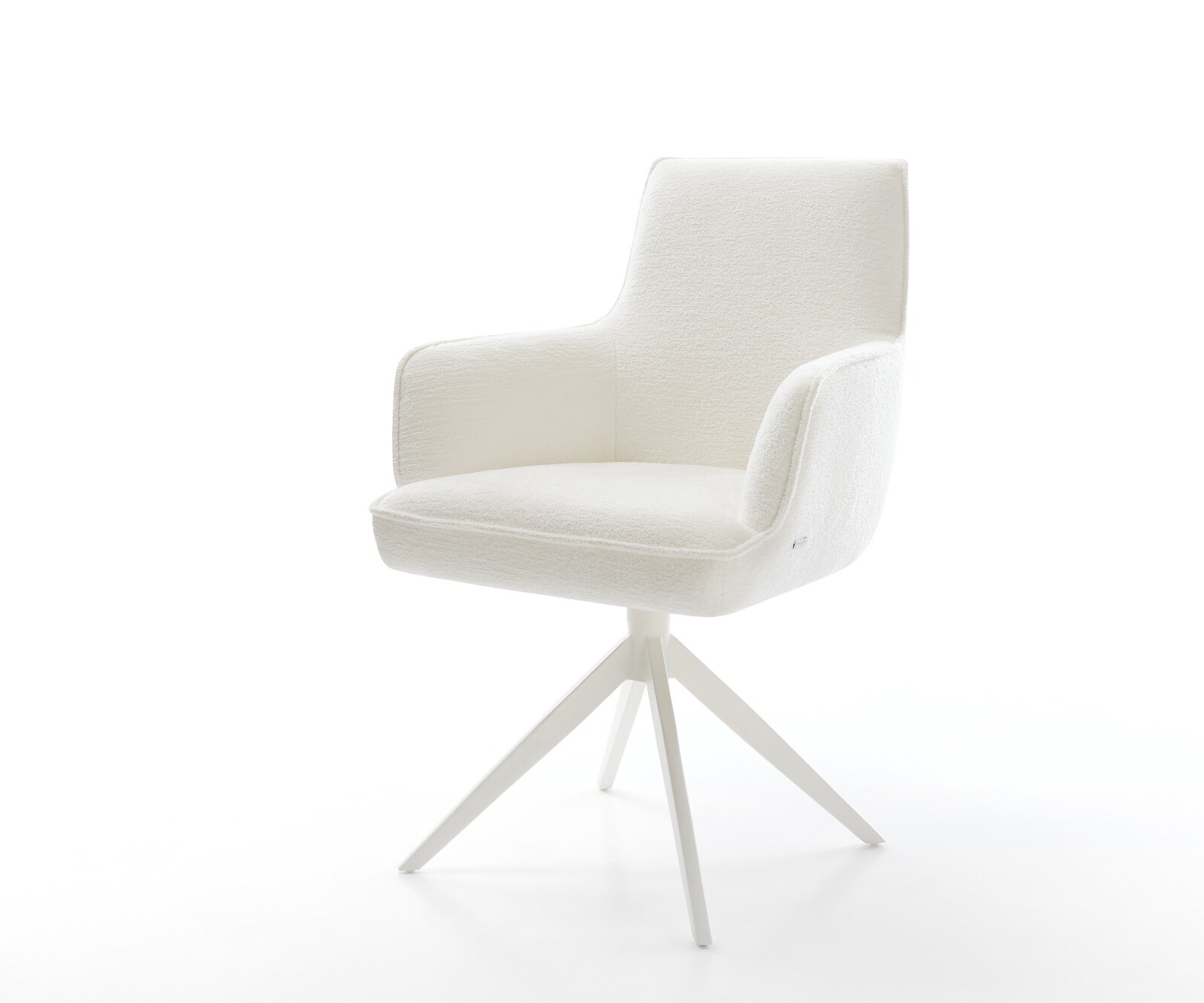 Drehstuhl Heira-Flex mit Armlehnen Bouclé Soft Beige Kreuzgestell breit Weiß 360° drehbar Wippfunktion Taschenfederkern 1