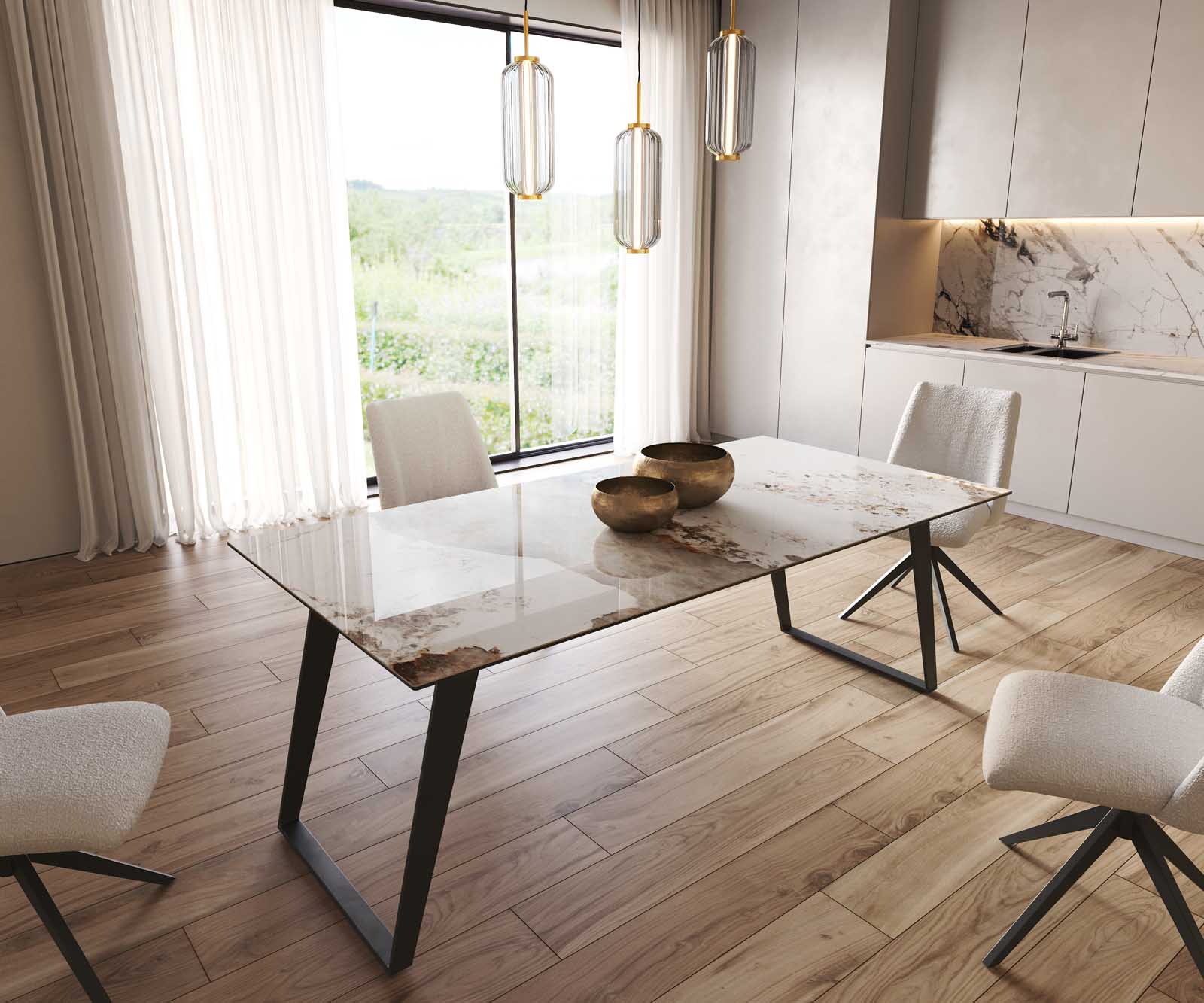 Esstisch Edge 200x100 Keramik Minas Melange Weiß-Beige Metall Schräg Schwarz