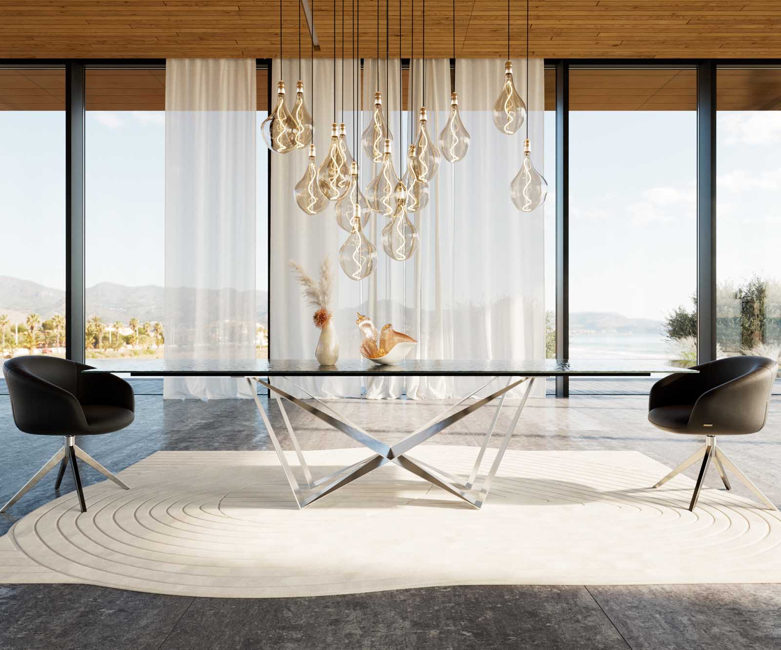 Esstisch Edge 300x100 Reliefglas Rauchschwarz 3D-Design Spider Flachstahl Edelstahl 2 Esstisch Edge 300x100 Reliefglas Rauchschwarz 3D-Design Spider Flachstahl Edelstahl 2