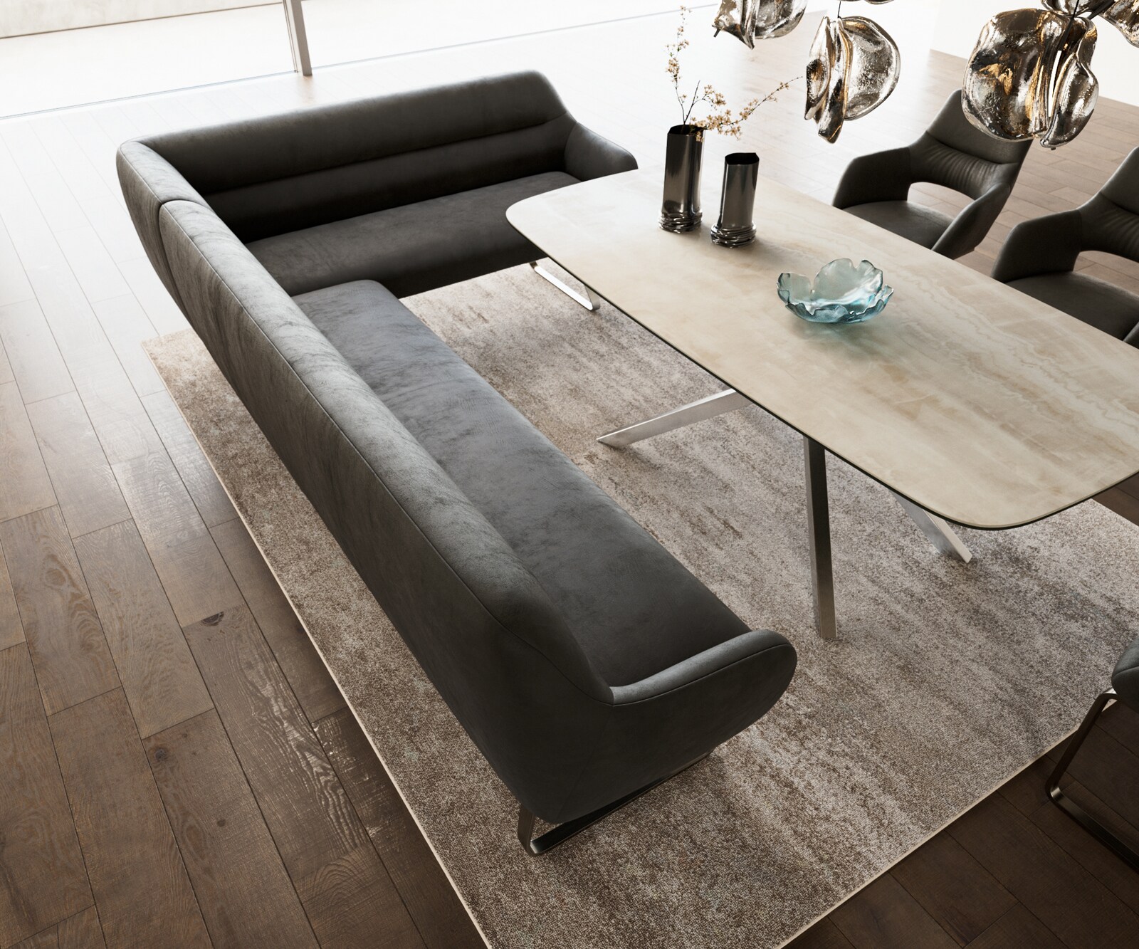 Esszimmerbank Taya-Flex 285x190 cm Mikrofaser Anthrazit Vintage Kufengestell flach Edelstahl Taschenfederkern Rechts 4