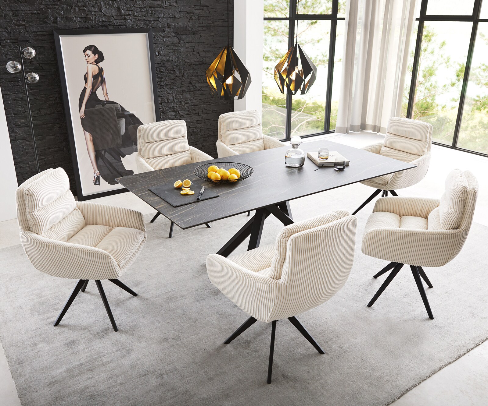 Esszimmerstuhl Abelia-Flex mit Armlehnen Cord Beige Kreuzgestell kantig Schwarz 3