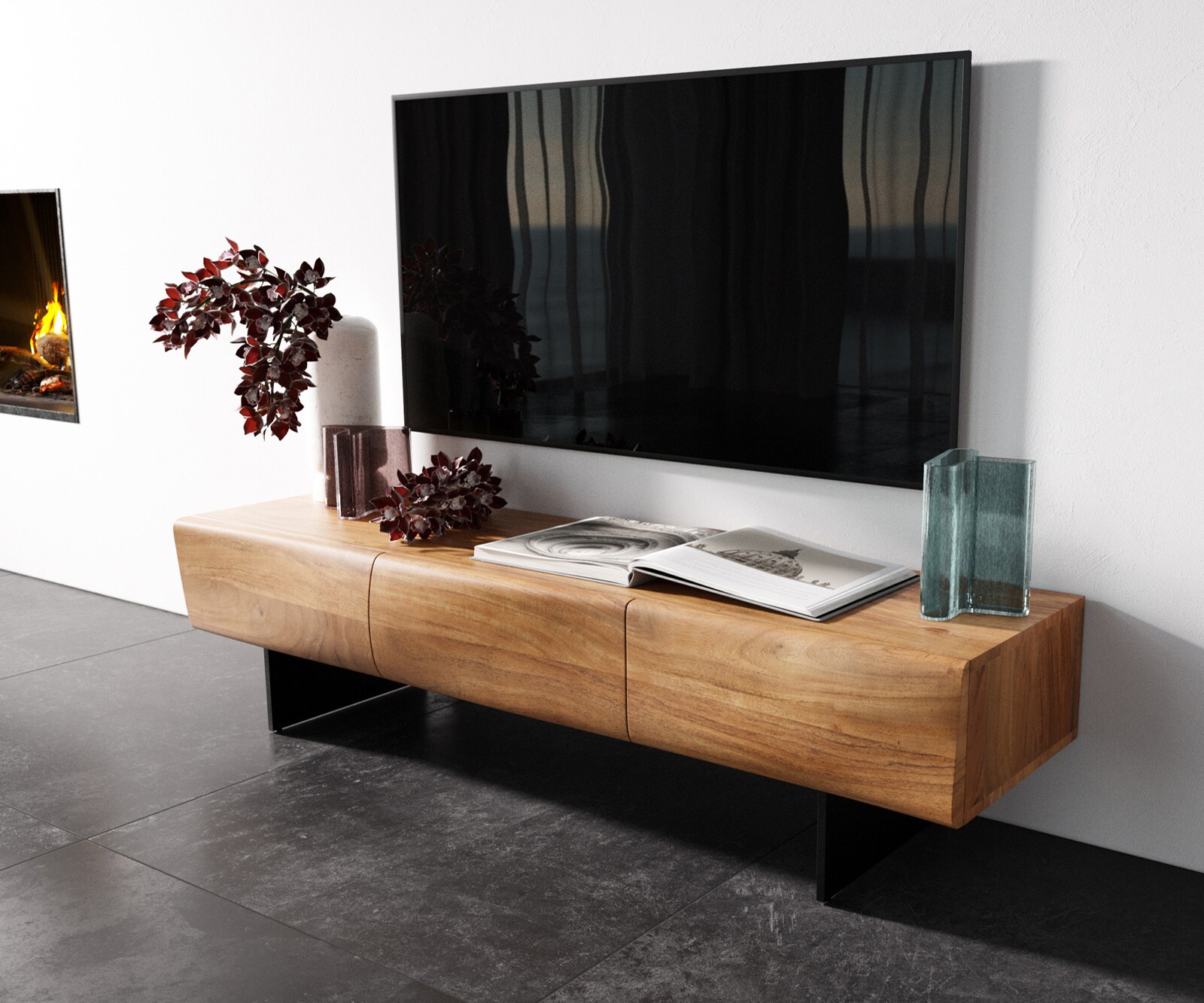 Lowboard New Live-Edge 145 cm Akazie Natur 3 Türen Fuß schwebend Metall Schwarz