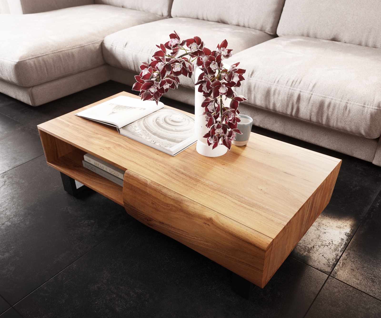 Couchtisch New Live-Edge 115x60 cm Akazie Natur 2 Schubladen 1 Fach Kufe Metall Schwarz 3 Couchtisch New Live-Edge 115x60 cm Akazie Natur 2 Schubladen 1 Fach Kufe Metall Schwarz 3