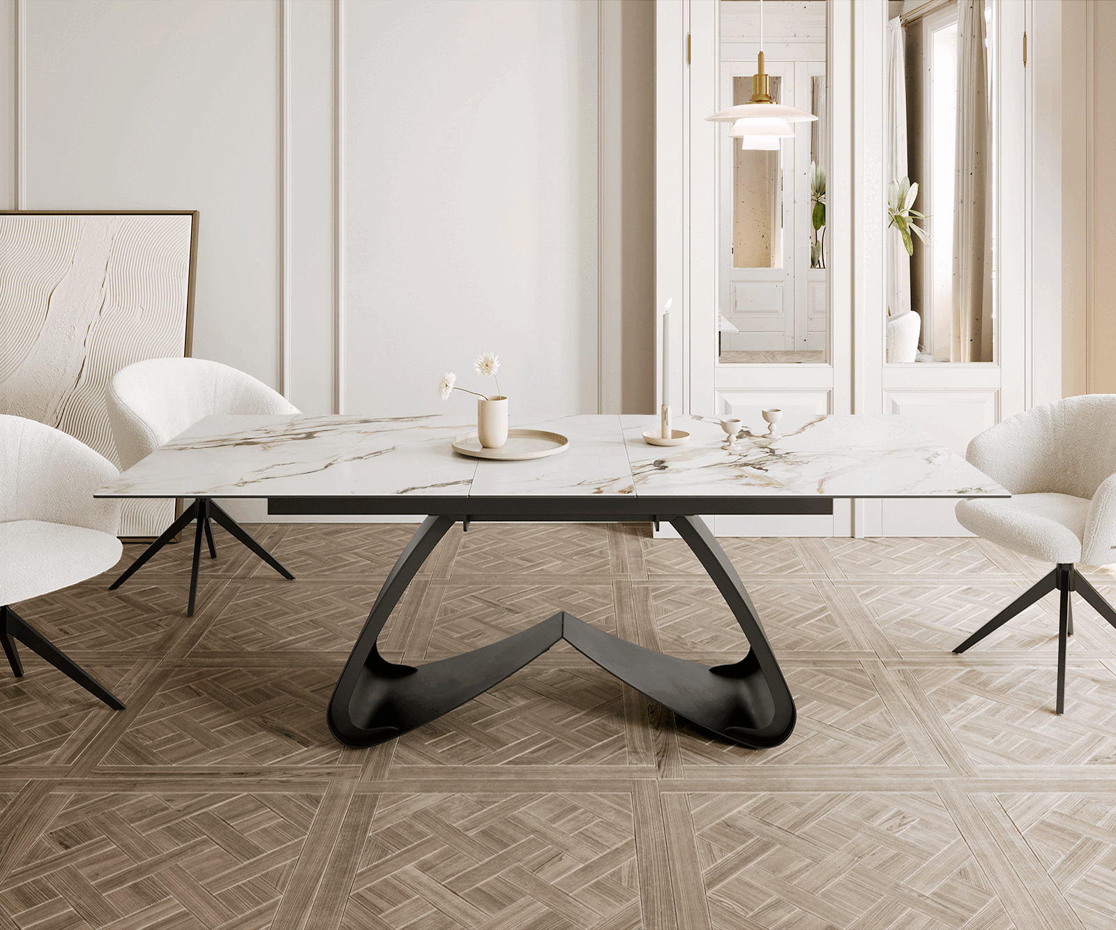 Esszimmertisch Edge Keramik Calacatta Luxe Weiß-Gold-Grau 180-220x100 W-Gestell Schwarz ausziehbar
