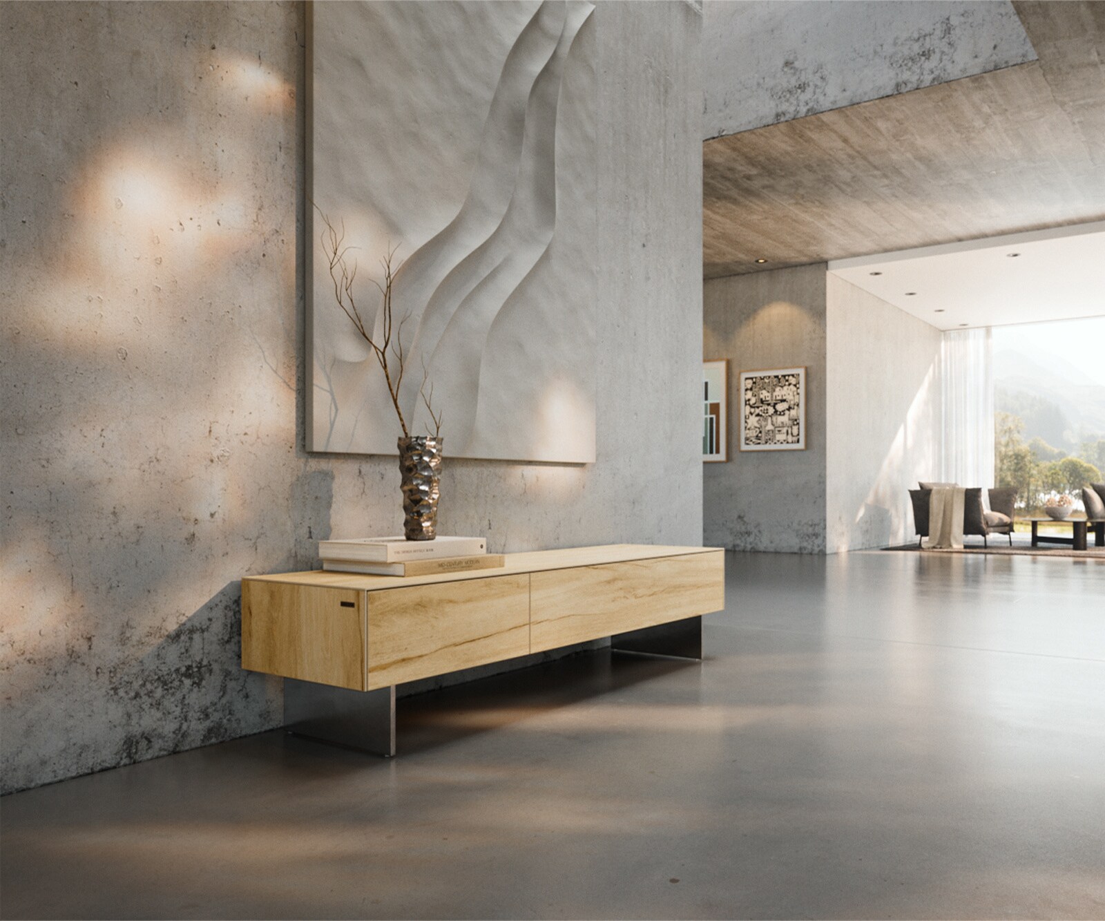 Lowboard Cuor 150 cm Keramik Laminam® Sabbia Eichefarbig 1 Klappe 1 Schubfach Fuß Schwebeoptik Edelstahl