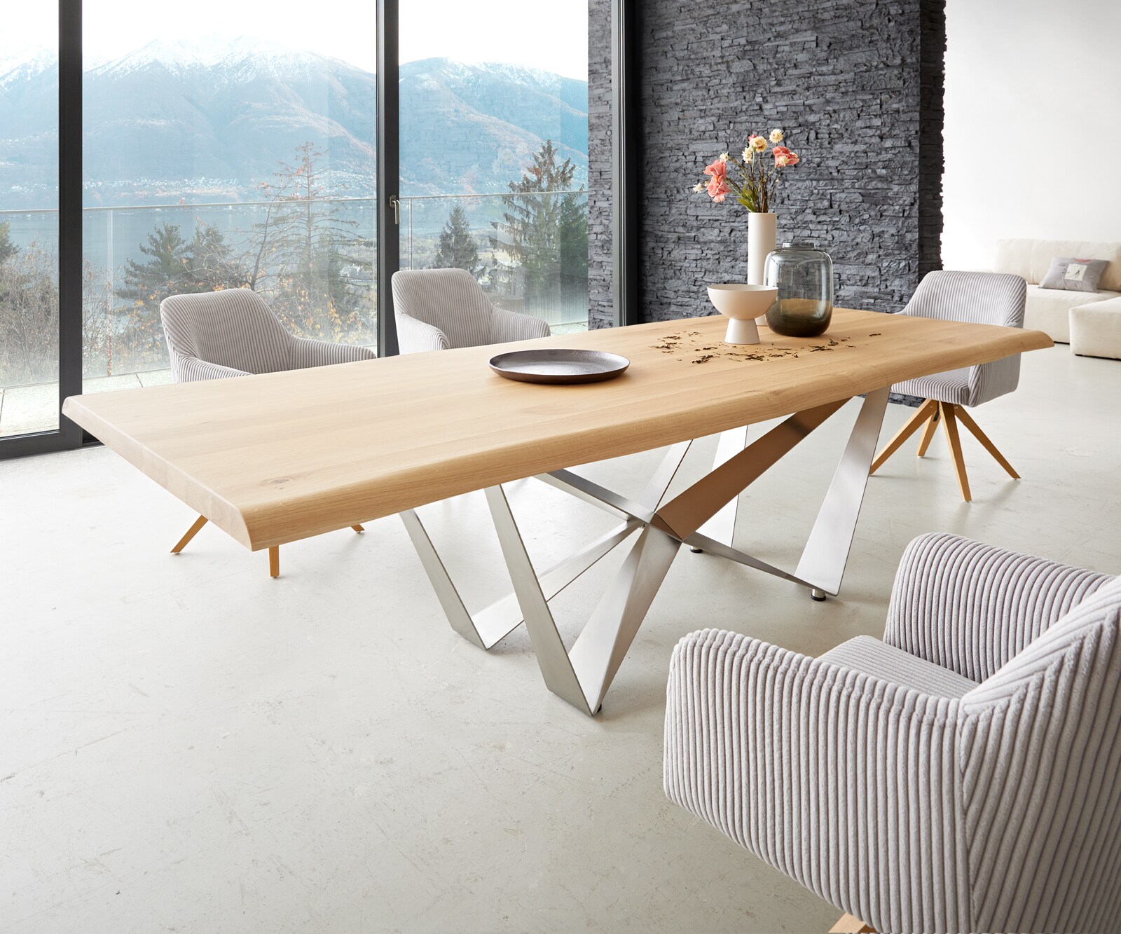Esstisch Edge 260x100 Eiche Natur Spider Flachstahl Edelstahl Live-Edge