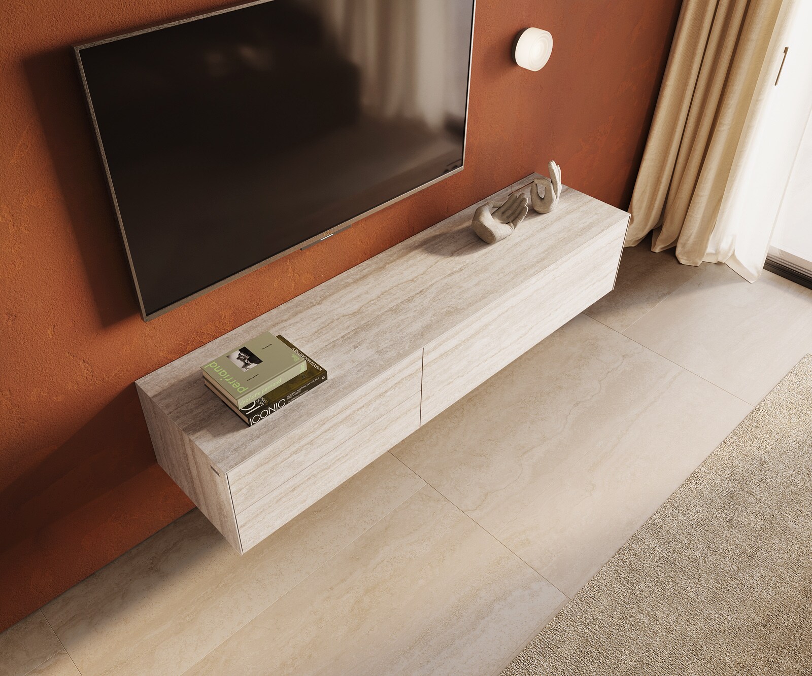 Lowboard Cuor 180 cm Keramik Laminam® Travertino Bianco Creme-Weiß 1 Klappe 2 Schubfächer Schwebend 3