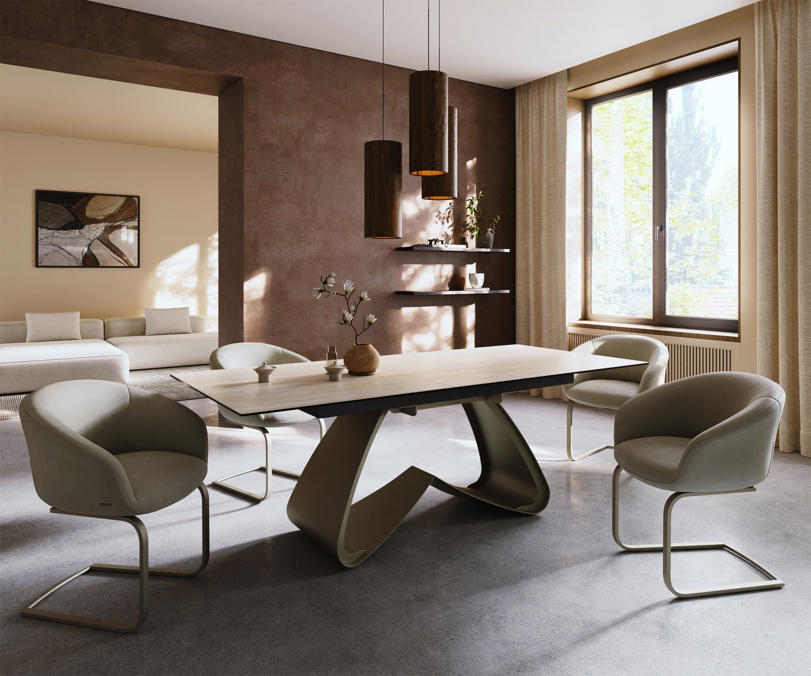 Esstisch Edge 180-220x100 Keramik Laminam® Travertino Bianco Creme-Weiß W-Gestell Effektfinish Titan ausziehbar 7