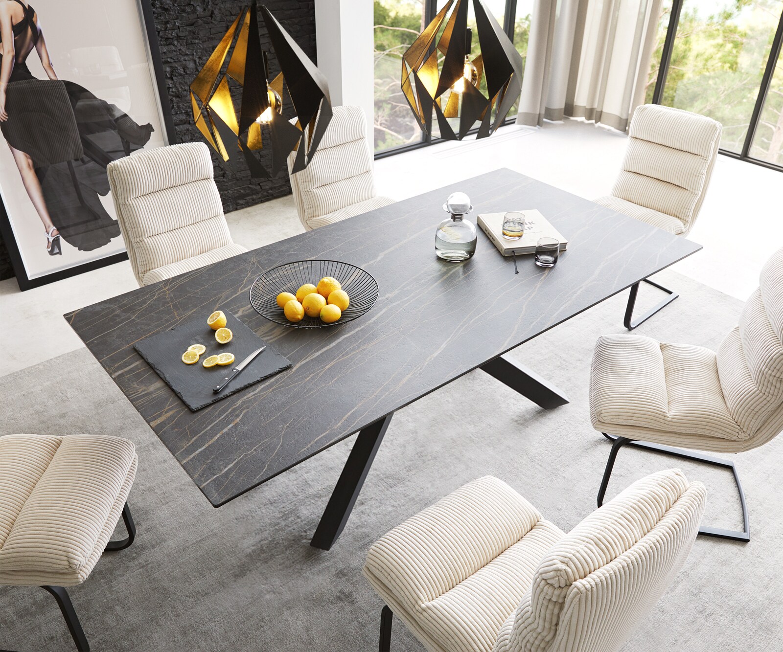 Esstisch Edge 200x100cm Keramik Laminam®Noir Desir Braun Mittelfuß Kreuz Schwarz 1