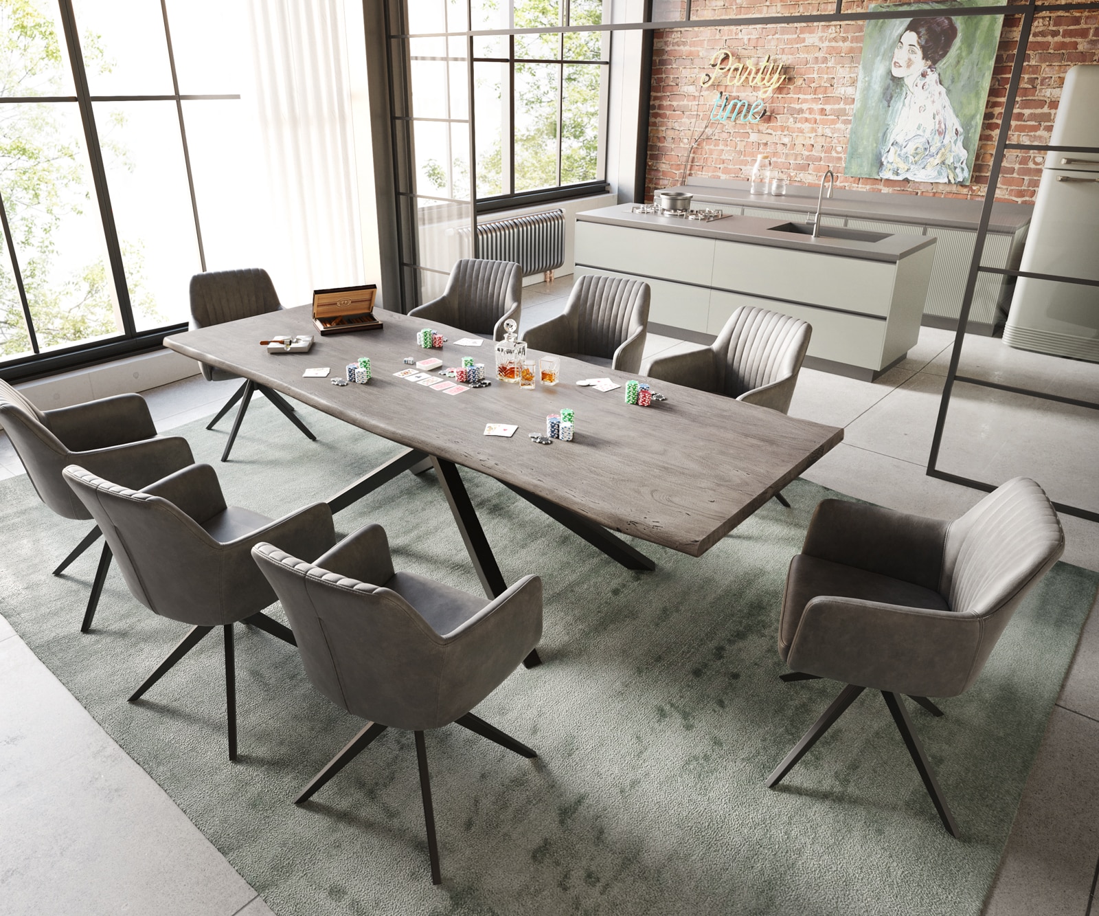 Esstisch Edge 260x100 Akazie Platin Kreuzgestell Rechteck Schwarz Live-Edge 7