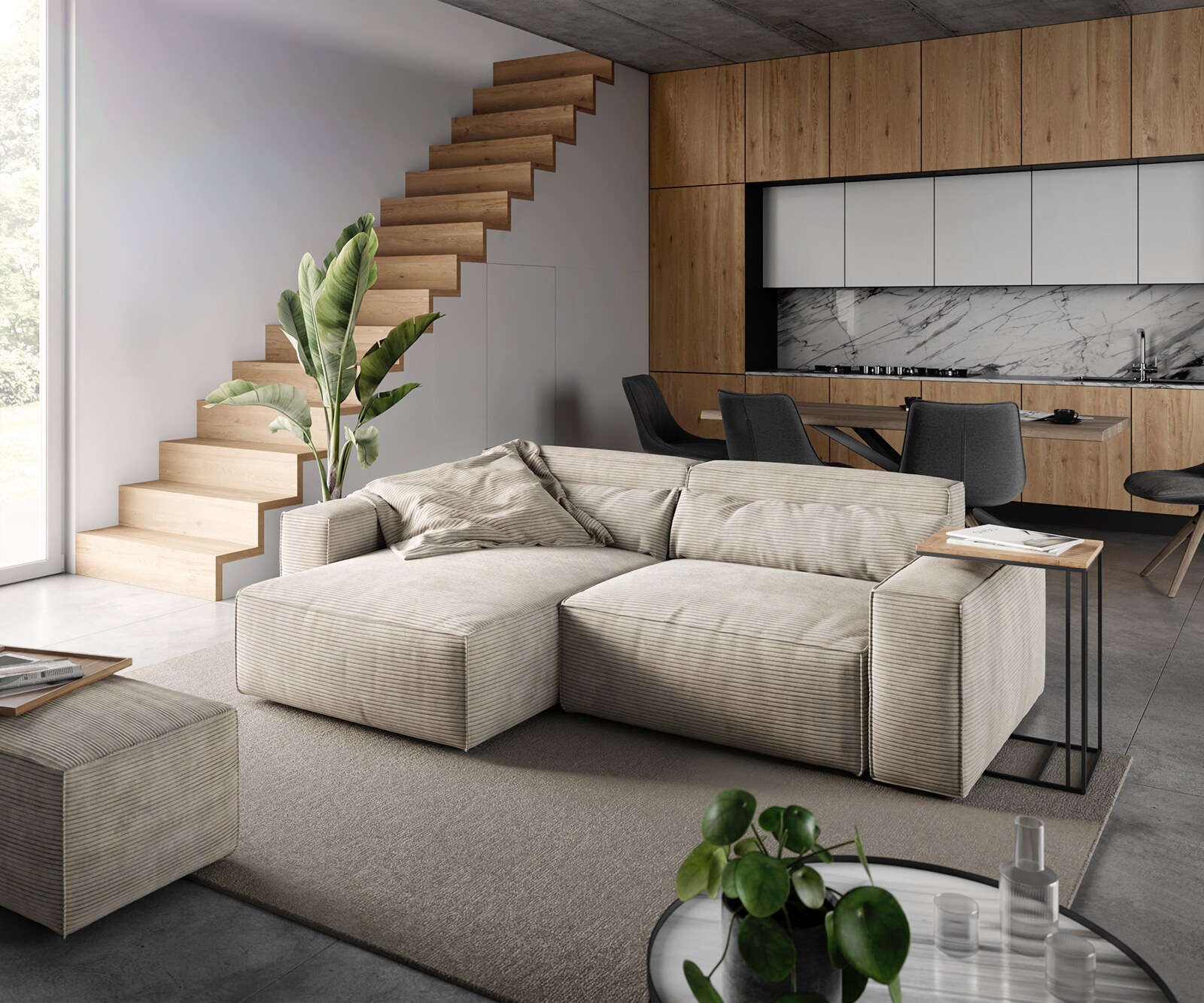 DELIFE Ecksofa Sirpio 230x150 cm Cord Beige Recamiere variabel mit Hocker