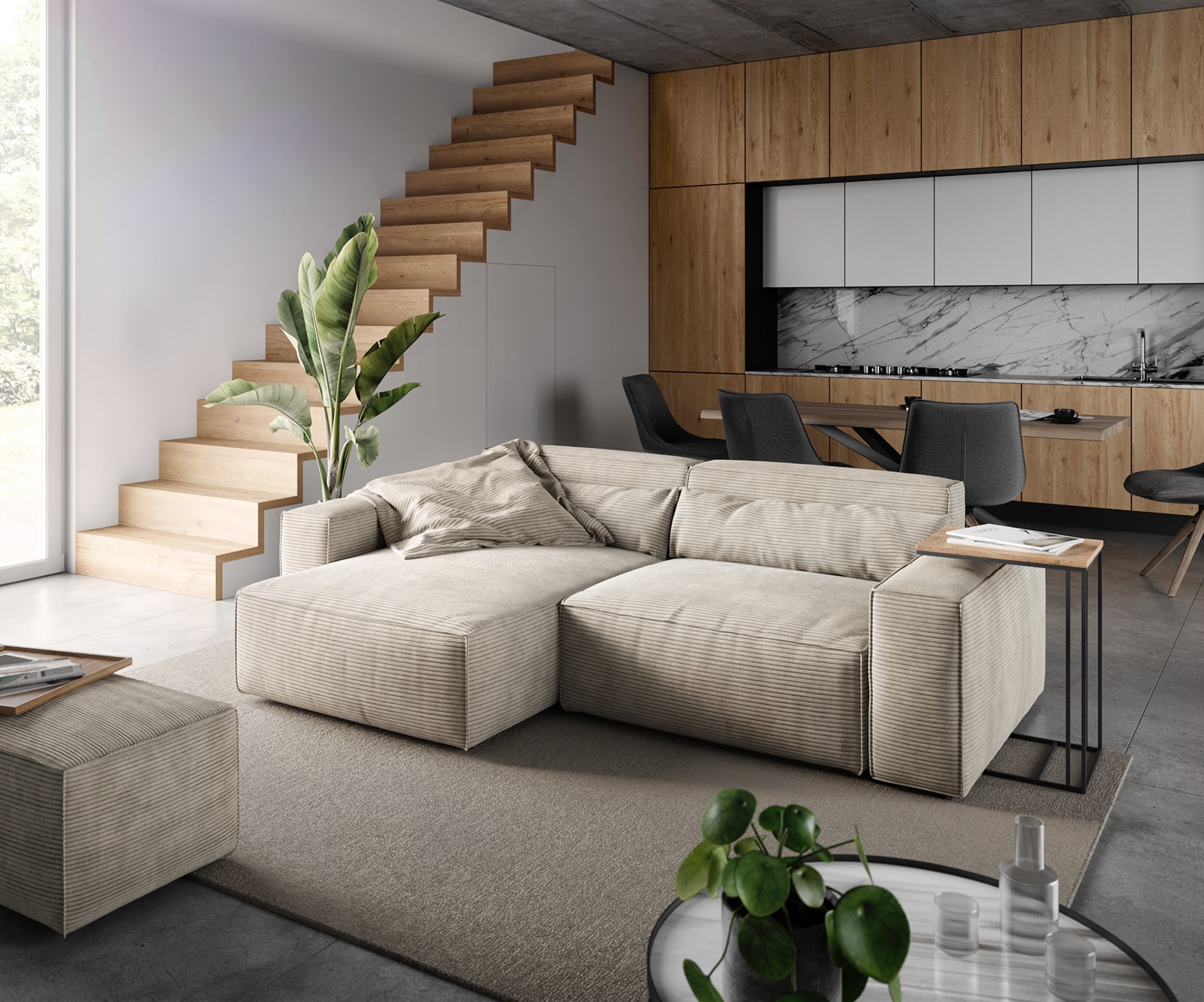 Ecksofa Sirpio 230x155 cm Cord Beige Recamiere variabel mit Hocker 1