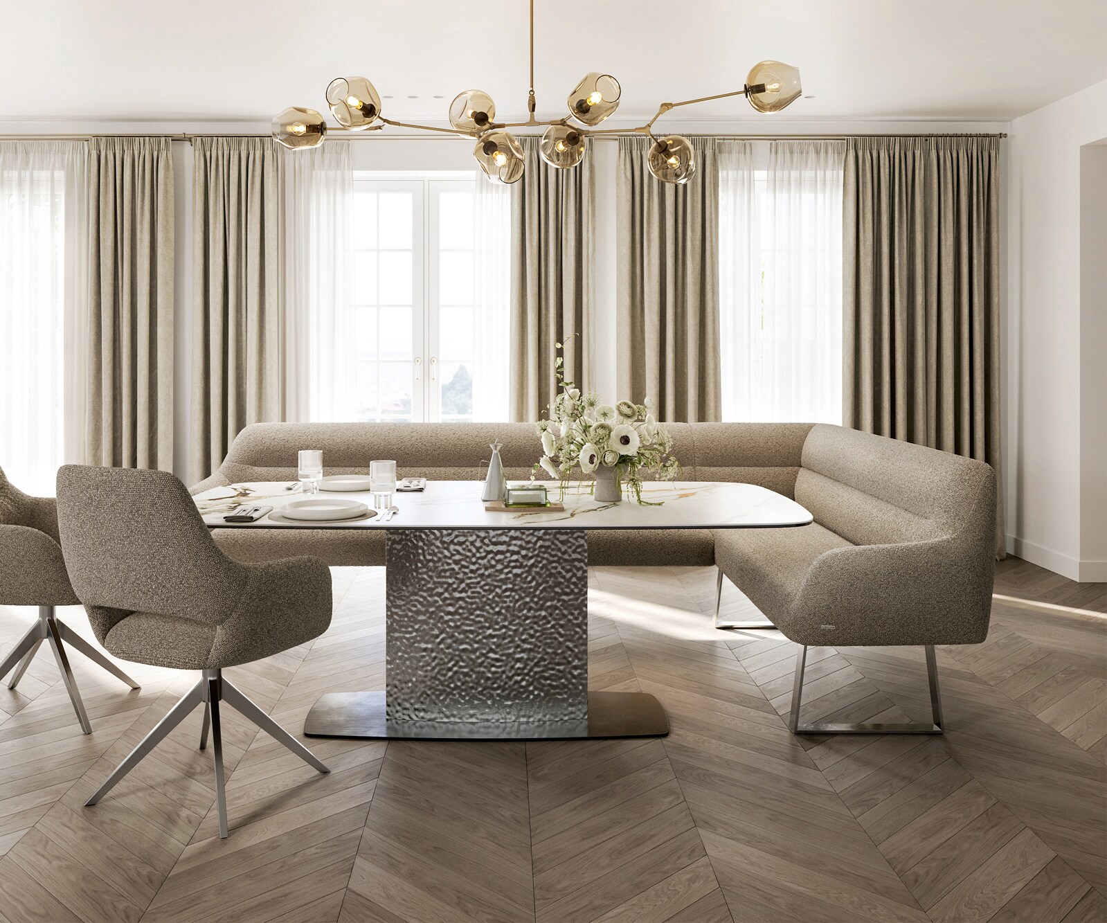 Esszimmerbank Taya-Flex 285x190 cm Bouclé Schlamm Kufengestell kantig Edelstahl Taschenfederkern Links 1