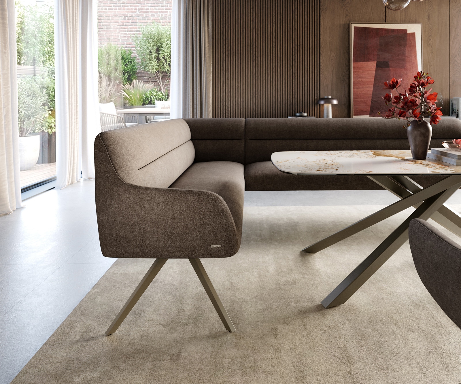 Esszimmerbank Taya-Flex 285x190 cm Strukturstoff Soft Taupe Kreuzgestell kantig Effektfinish Titan Taschenfederkern Rechts 4