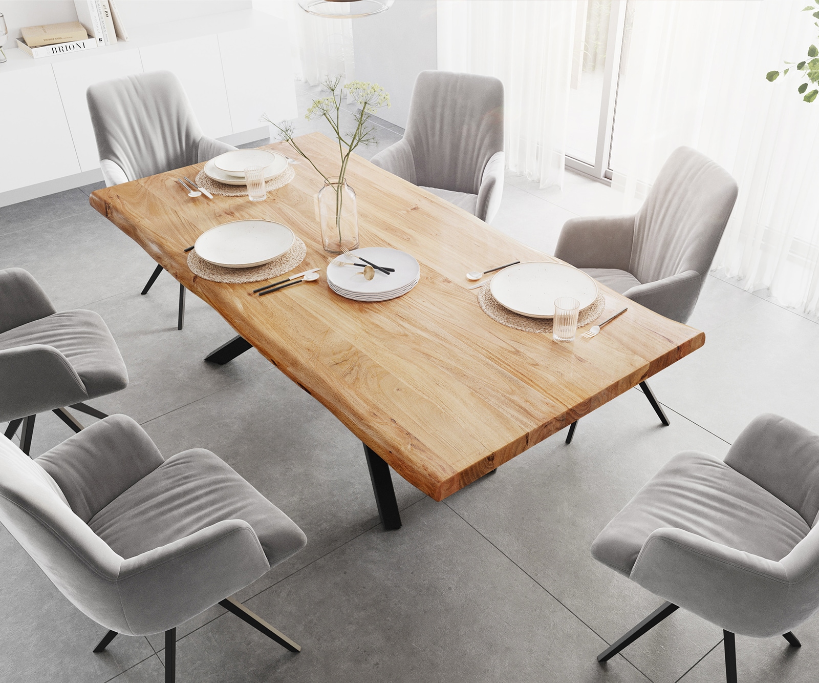 Esstisch Edge 200x100 XL Akazie Natur Kreuzgestell Rechteck Schwarz Live-Edge 4 Esstisch Edge 200x100 XL Akazie Natur Kreuzgestell Rechteck Schwarz Live-Edge 4