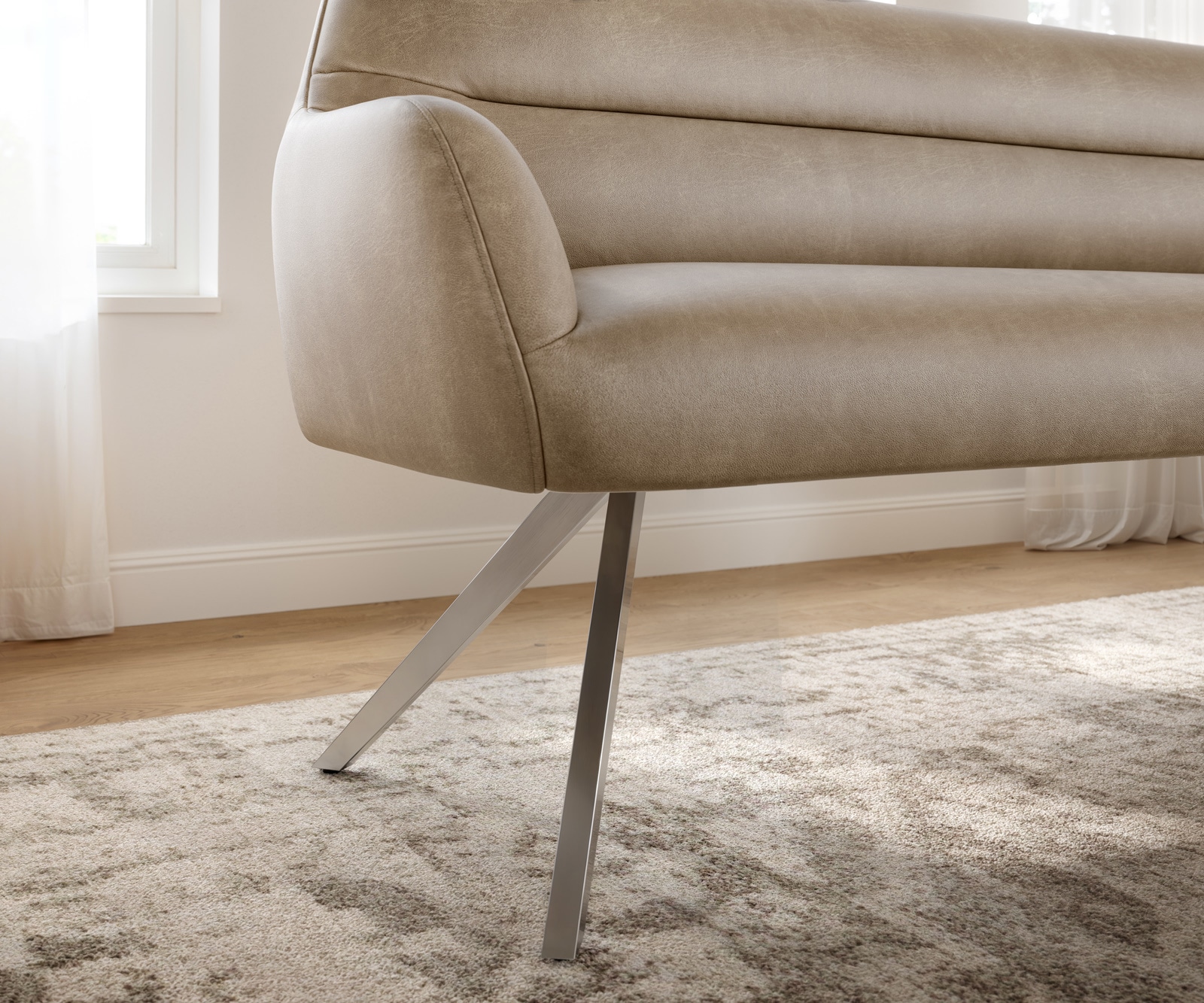 Esszimmerbank Taya-Flex 200 cm Mikrofaser Beige Vintage Kreuzgestell kantig Edelstahl Taschenfederkern 4