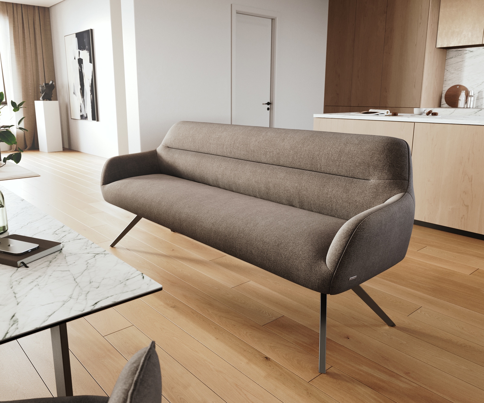 Esszimmerbank Taya-Flex 200 cm Strukturstoff Soft Taupe Kreuzgestell kantig Schwarz Taschenfederkern
