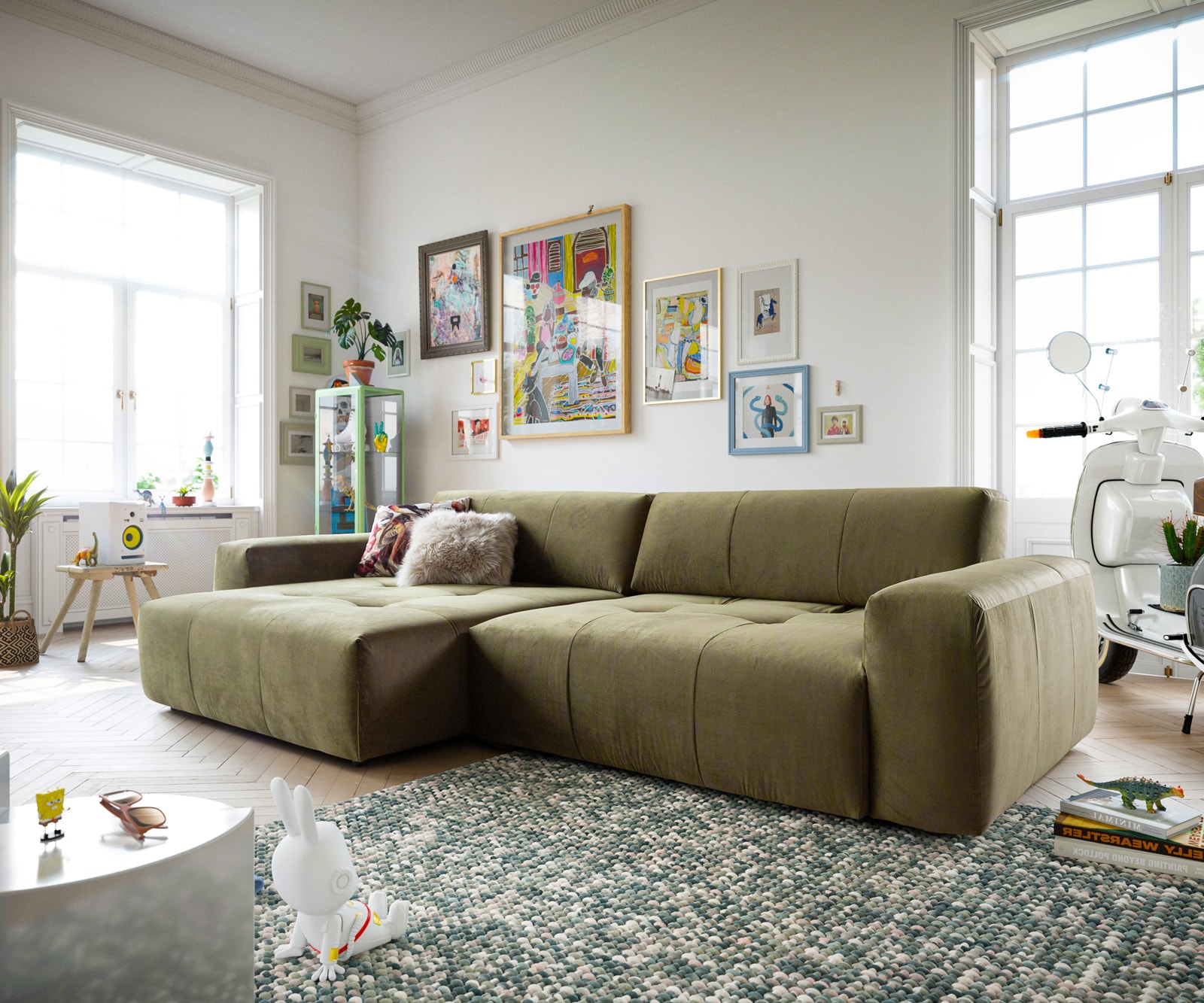 Ecksofa Lazaro 300x160 cm Samt Olive Ottomane links mit Sitztiefenverstellung 1
