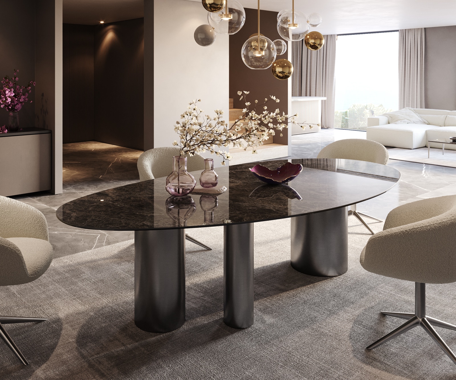 Esstisch Edge Oval 280x130 Keramik Emperador Extra Lucidato Dunkelbraun Troa Edelstahl Graphit