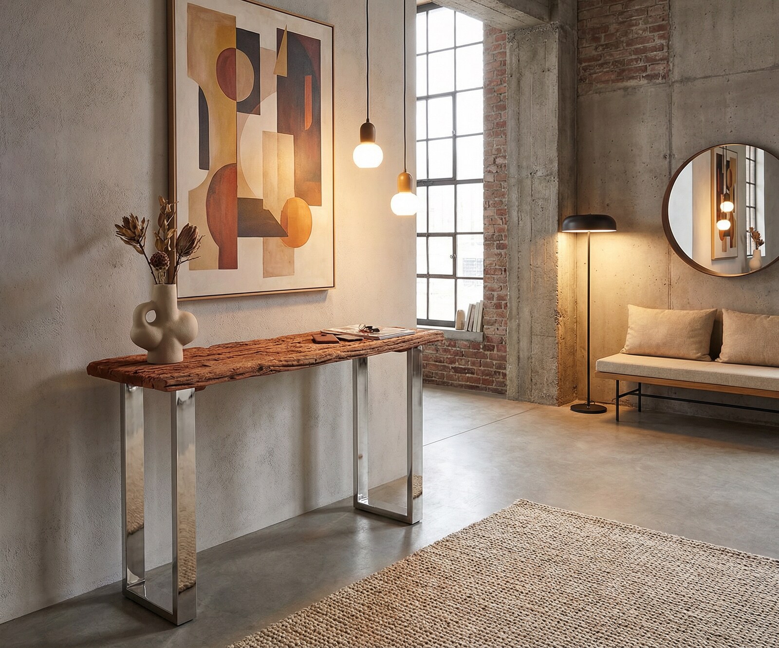 Konsole Gravio 140x40 Altholz Braun Gestell Edelstahl poliert 4