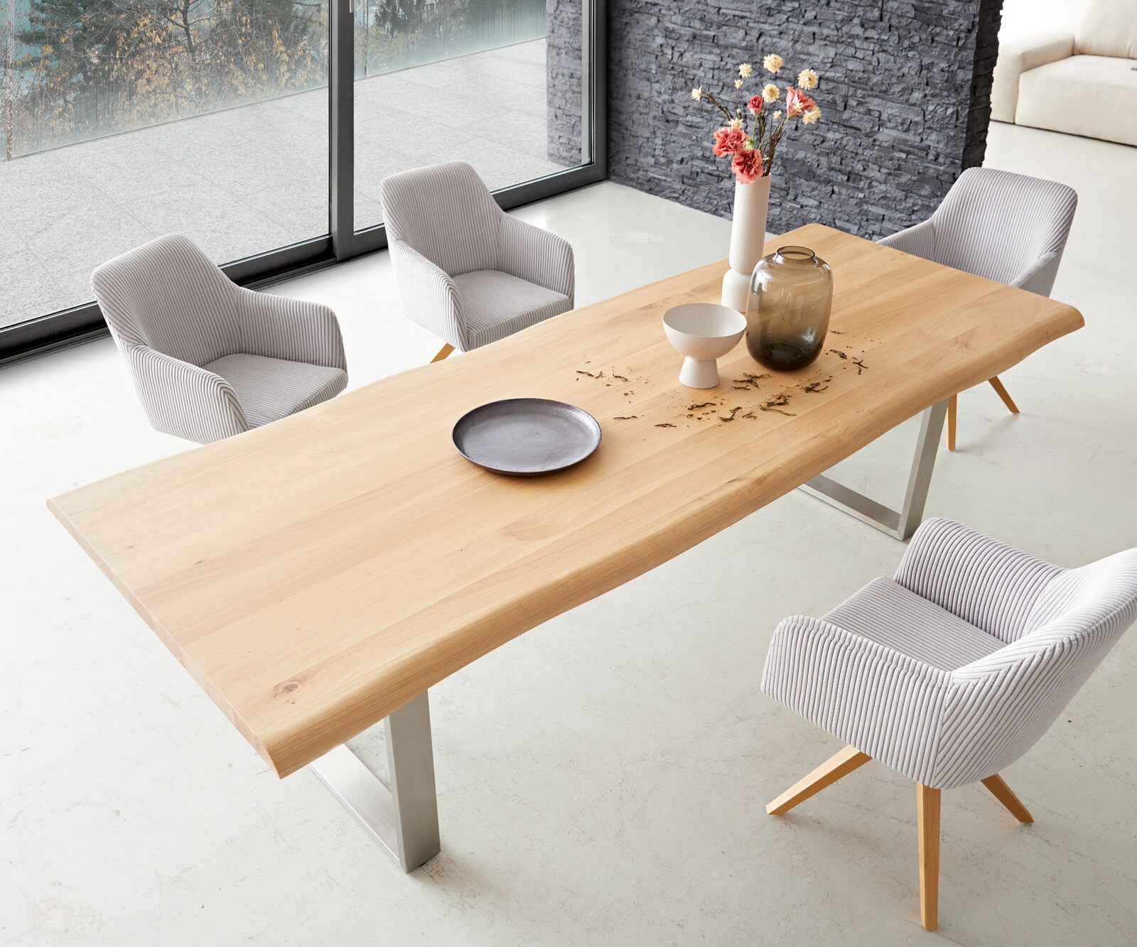 Esstisch Edge 260x100 Eiche Natur Edelstahl Schmal Live-Edge 3