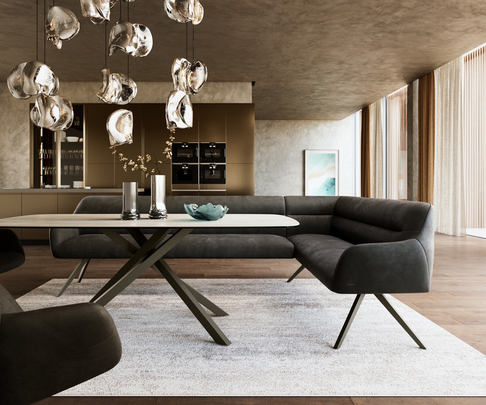 Esszimmerbank Taya-Flex 285x190 cm Mikrofaser Anthrazit Vintage Kreuzgestell kantig Effektfinish Titan Taschenfederkern Links 2