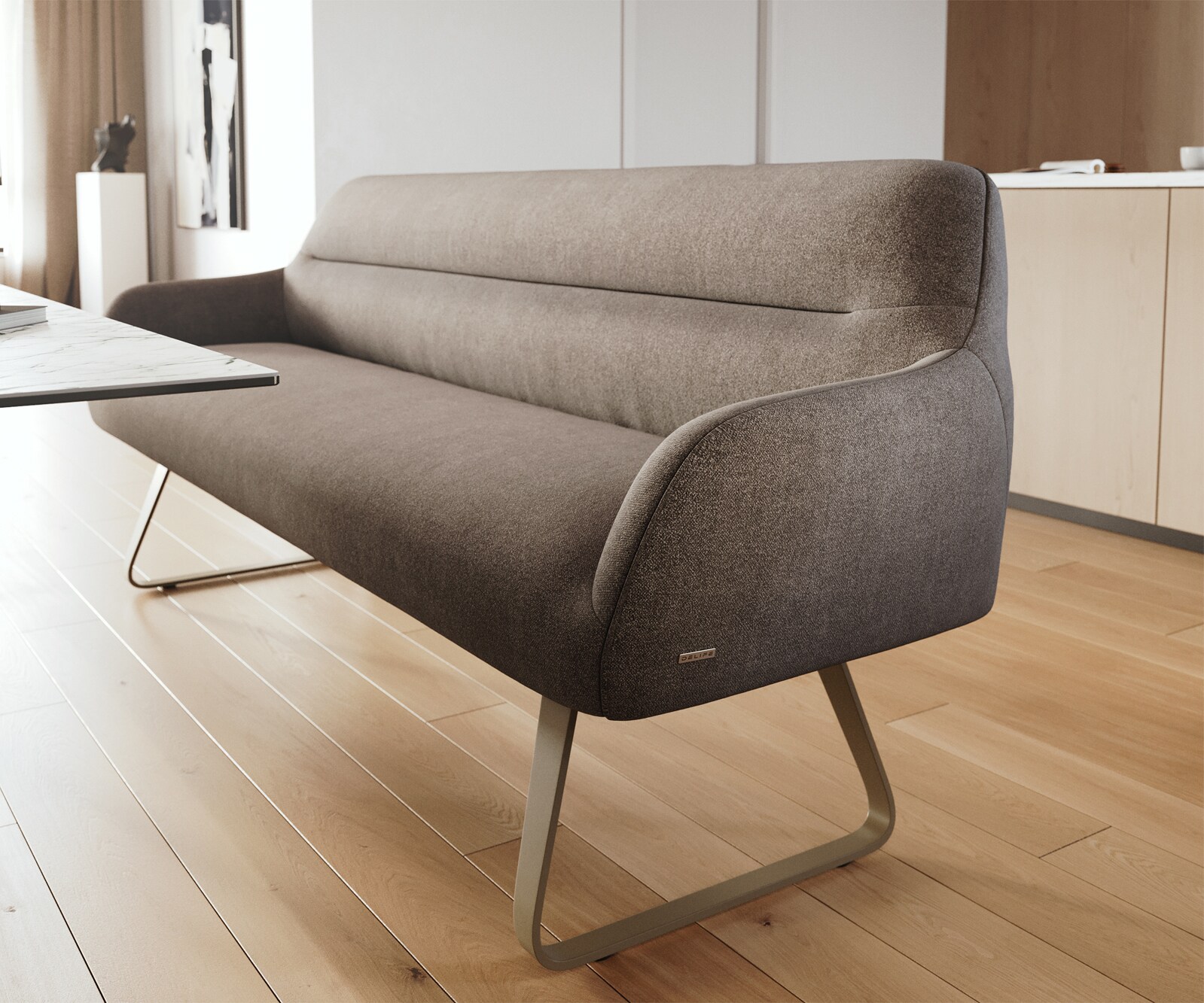 Esszimmerbank Taya-Flex 200 cm Strukturstoff Soft Taupe Kufengestell flach Effektfinish Titan Taschenfederkern 5