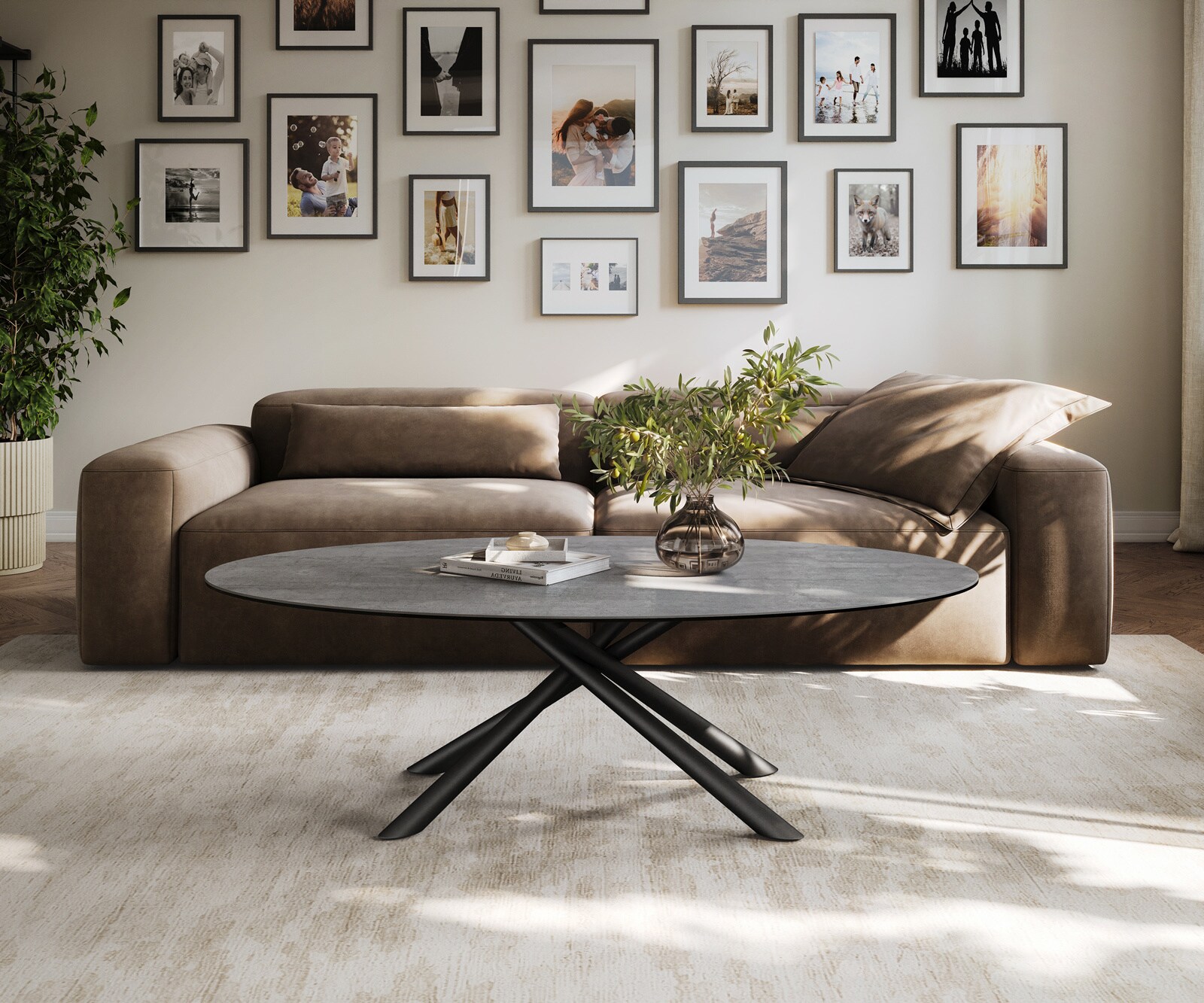 Couchtisch Edge Oval 140x80 cm Keramik Beton Grau Sarity Metall Schwarz 1