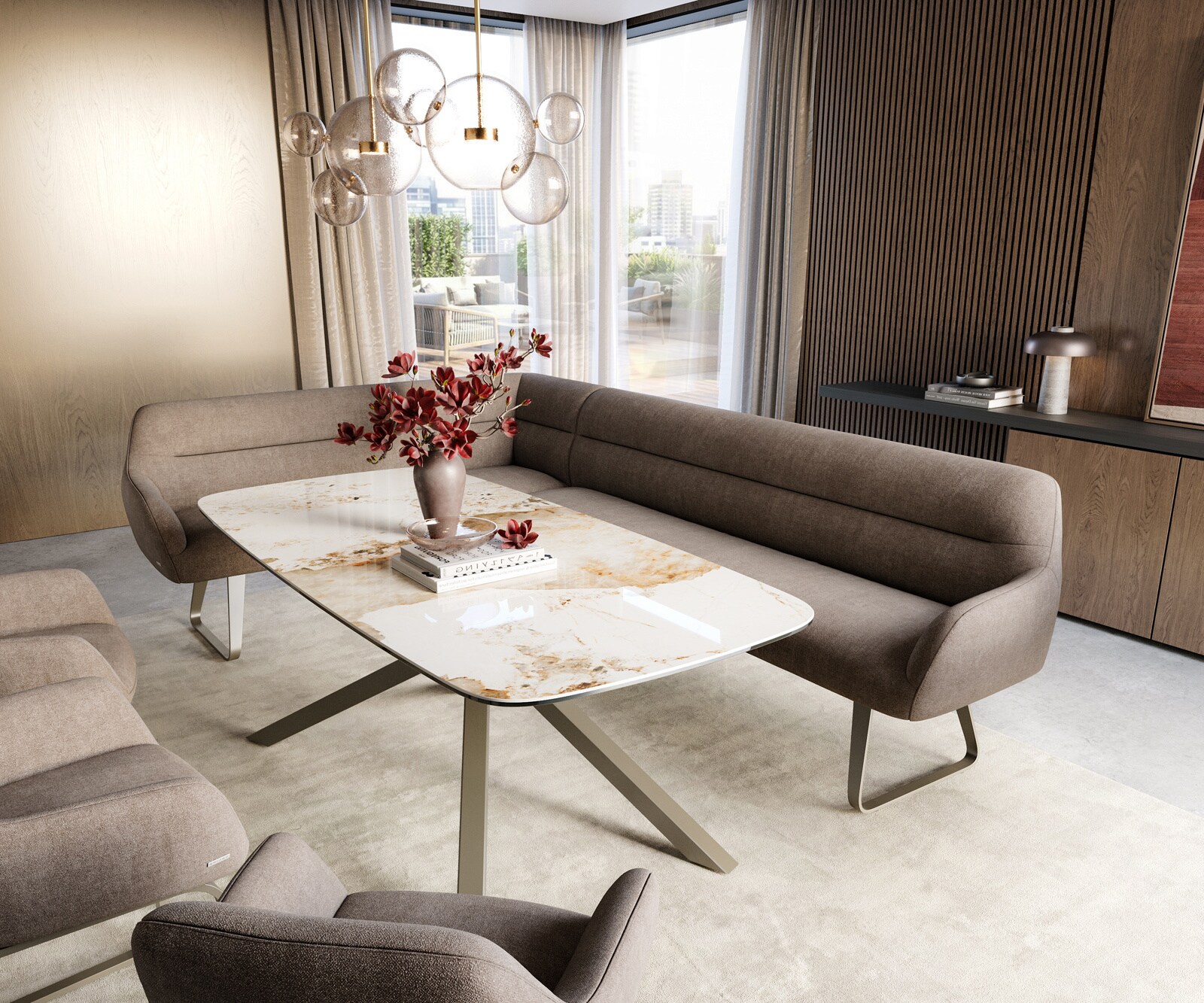 Esszimmerbank Taya-Flex 285x190 cm Strukturstoff Soft Taupe Kufengestell flach Effektfinish Titan Taschenfederkern Rechts 1