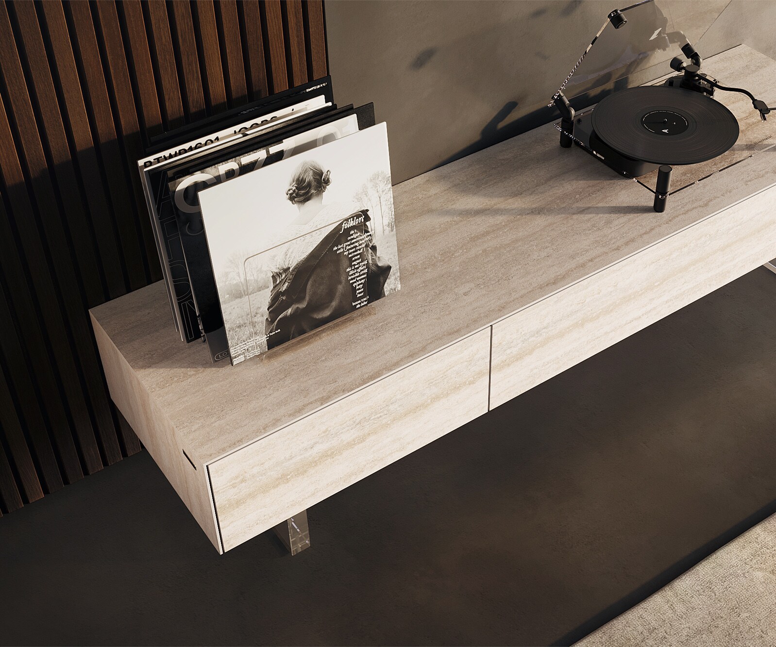 Lowboard Cuor 150 cm Keramik Laminam® Travertino Bianco Creme-Weiß 1 Klappe 1 Schubfach Fuß Schwebeoptik Acrylglas 3