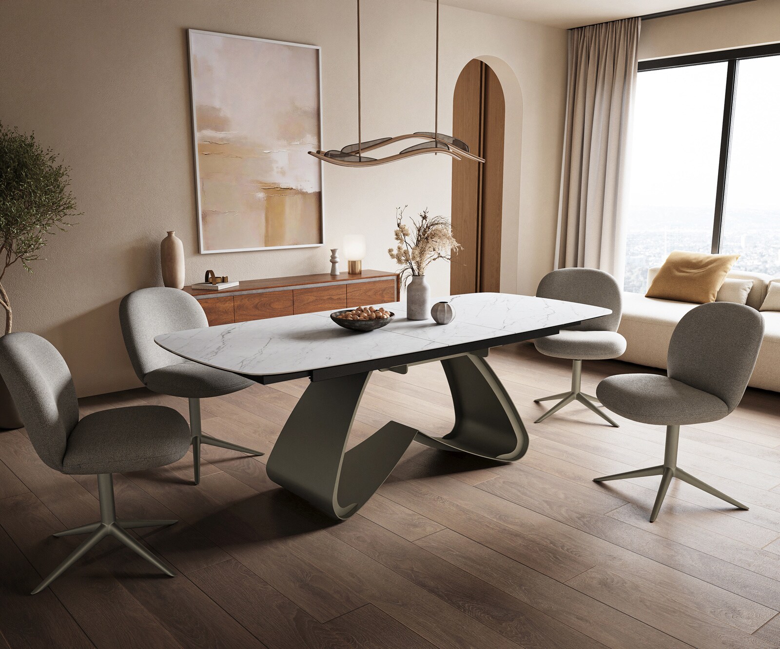 Esstisch Edge Boot 180-220x100 cm Keramik Laminam® Statuarietto Weiß W-Gestell Metall Effektfinish Titan ausziehbar 6