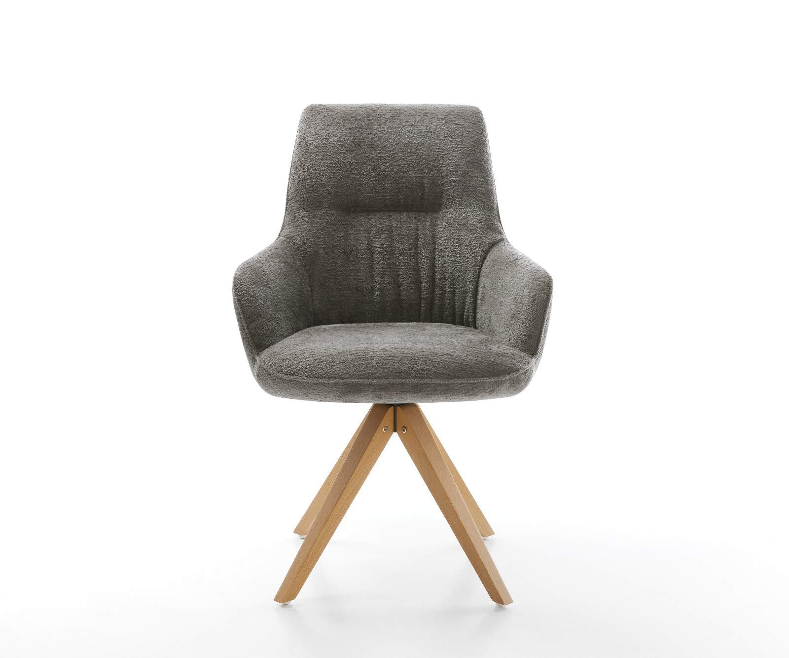 Drehstuhl Zelia-Flex mit Armlehnen Bouclé Soft Schlamm Holzgestell kantig Natur 180° drehbar Taschenfederkern 1