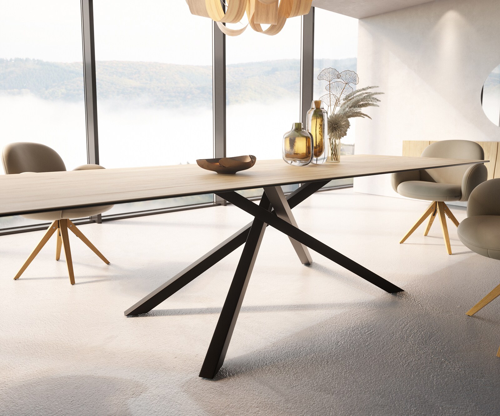 Esstisch Edge 300x100 Keramik Laminam® Sabbia Eichefarbig Kreuzgestell Rechteck Schwarz 6