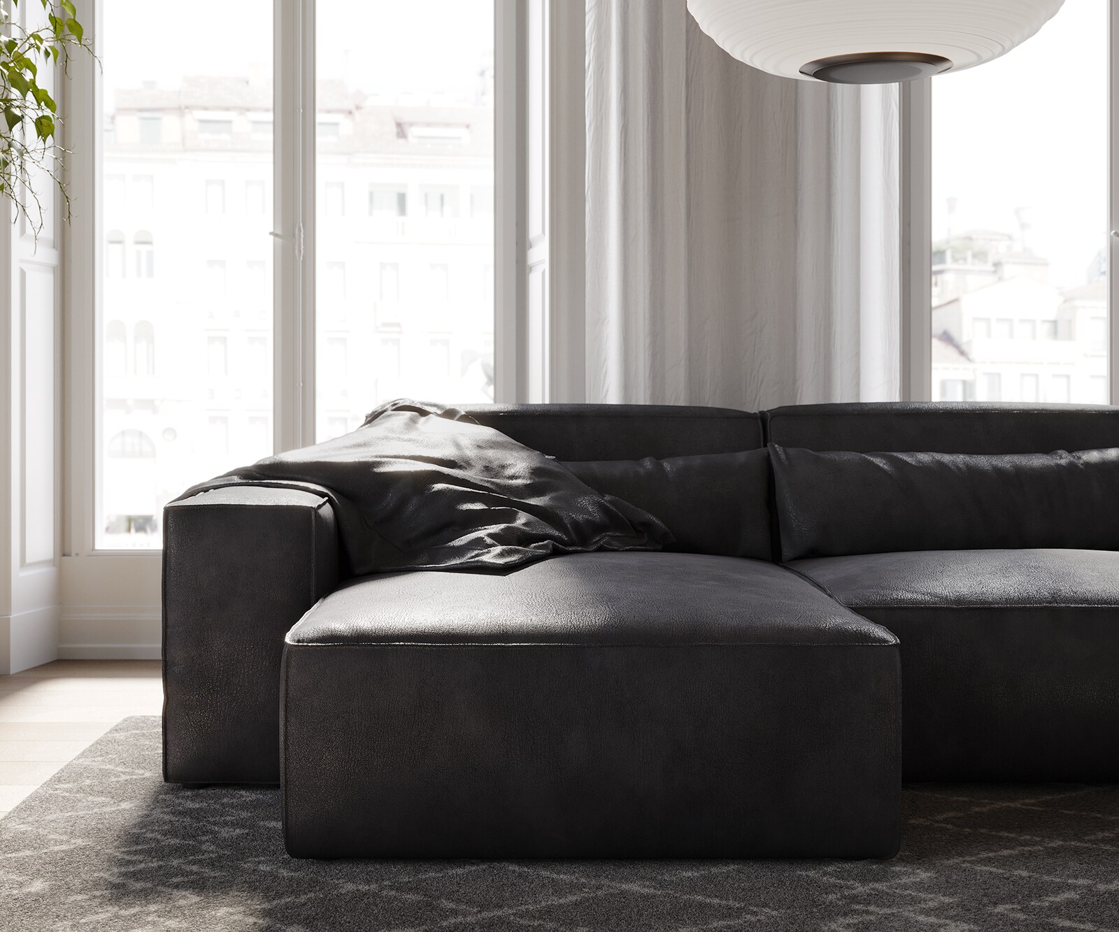 Ecksofa Sirpio 230x150 cm Lederimitat Vintage Anthrazit Recamiere variabel mit Hocker 4