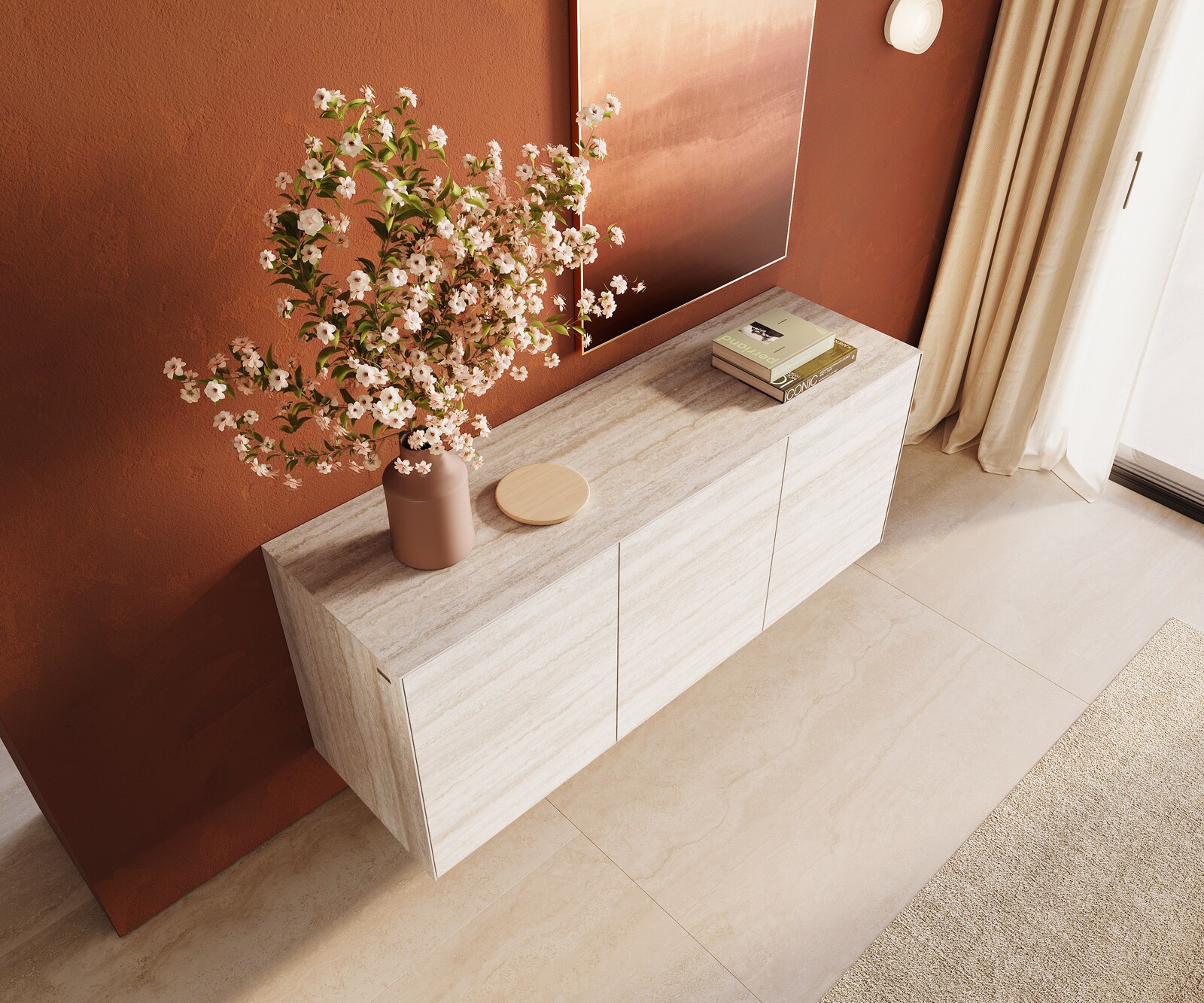 Sideboard Cuor 150 cm Keramik Laminam® Travertino Bianco Creme-Weiß 3 Türen Schwebend 4