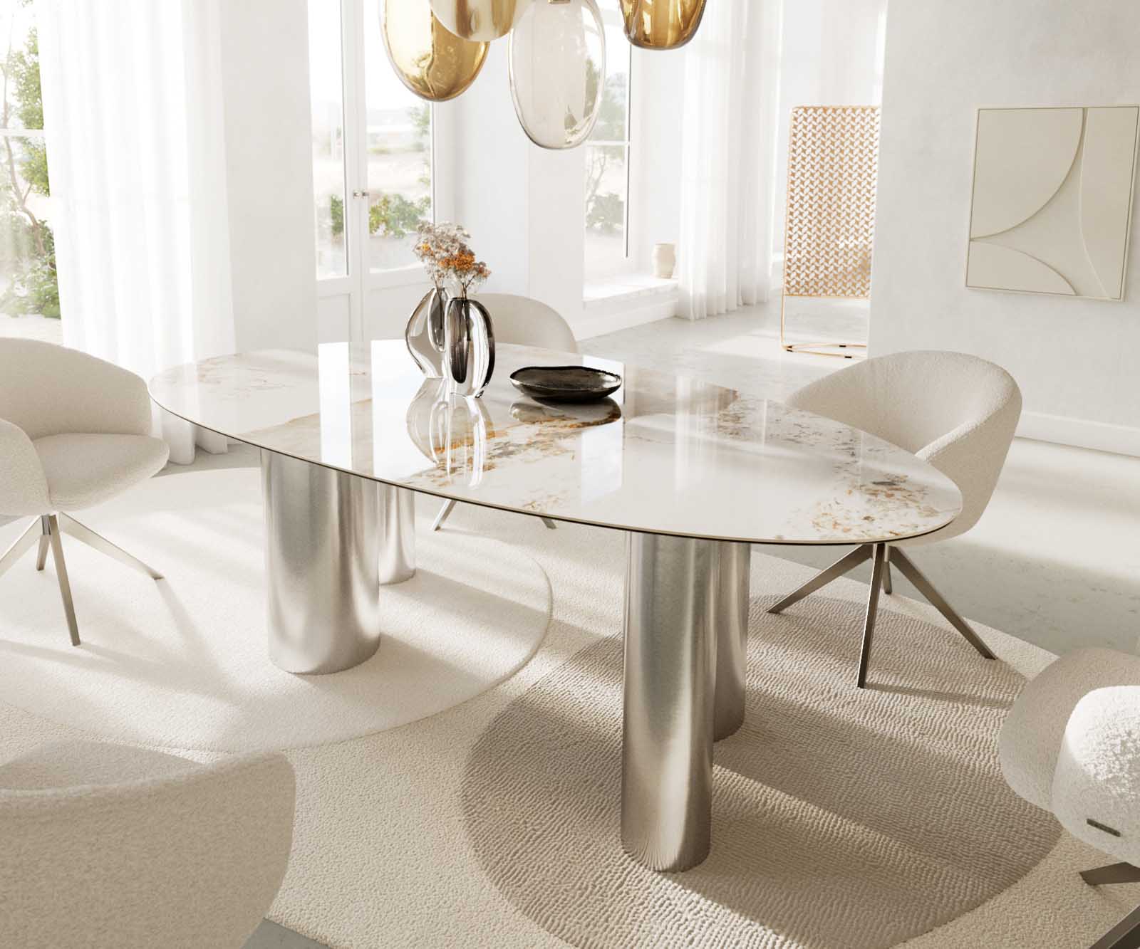 Esstisch Edge Oval 220x120 Keramik Minas Melange Weiß-Beige Pilier Edelstahl 6
