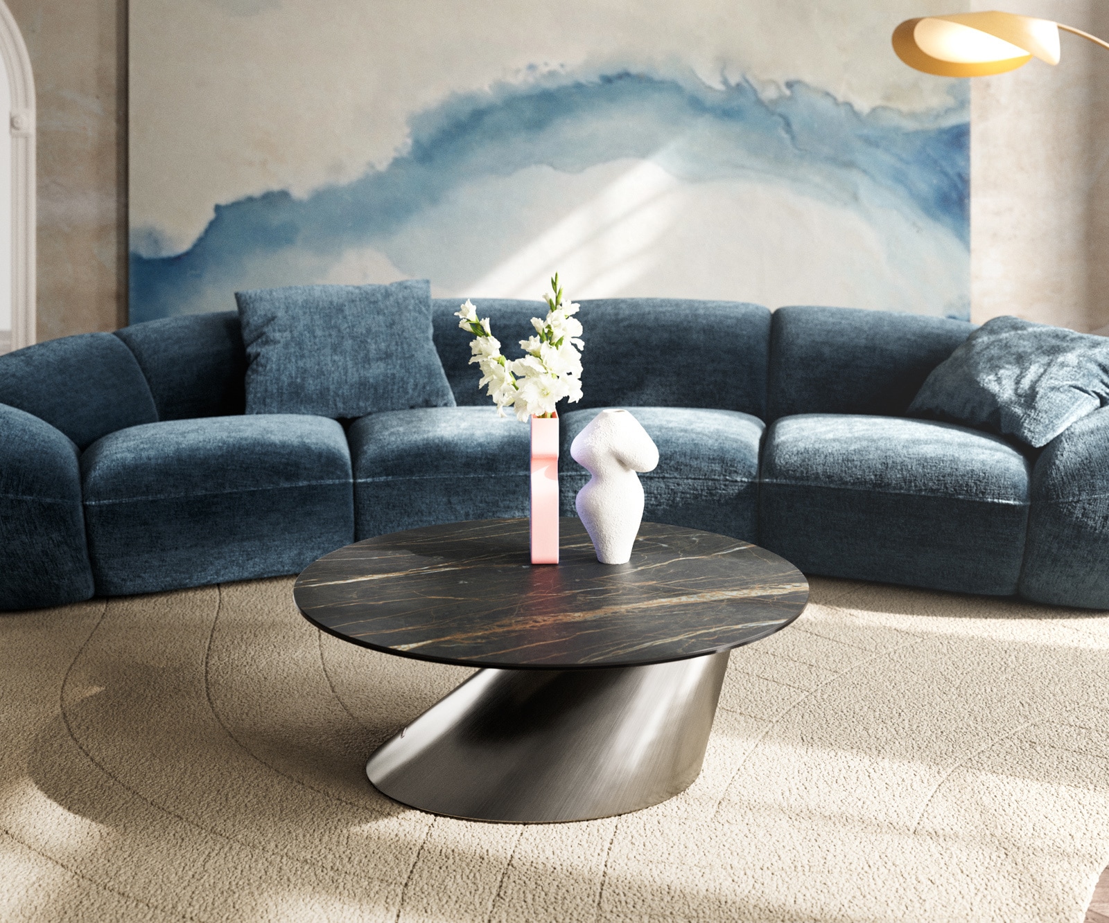 Couchtisch Edge Rund 90x90 cm Keramik Laminam® Noir Desir Braun Conis Edelstahl gebürstet 1
